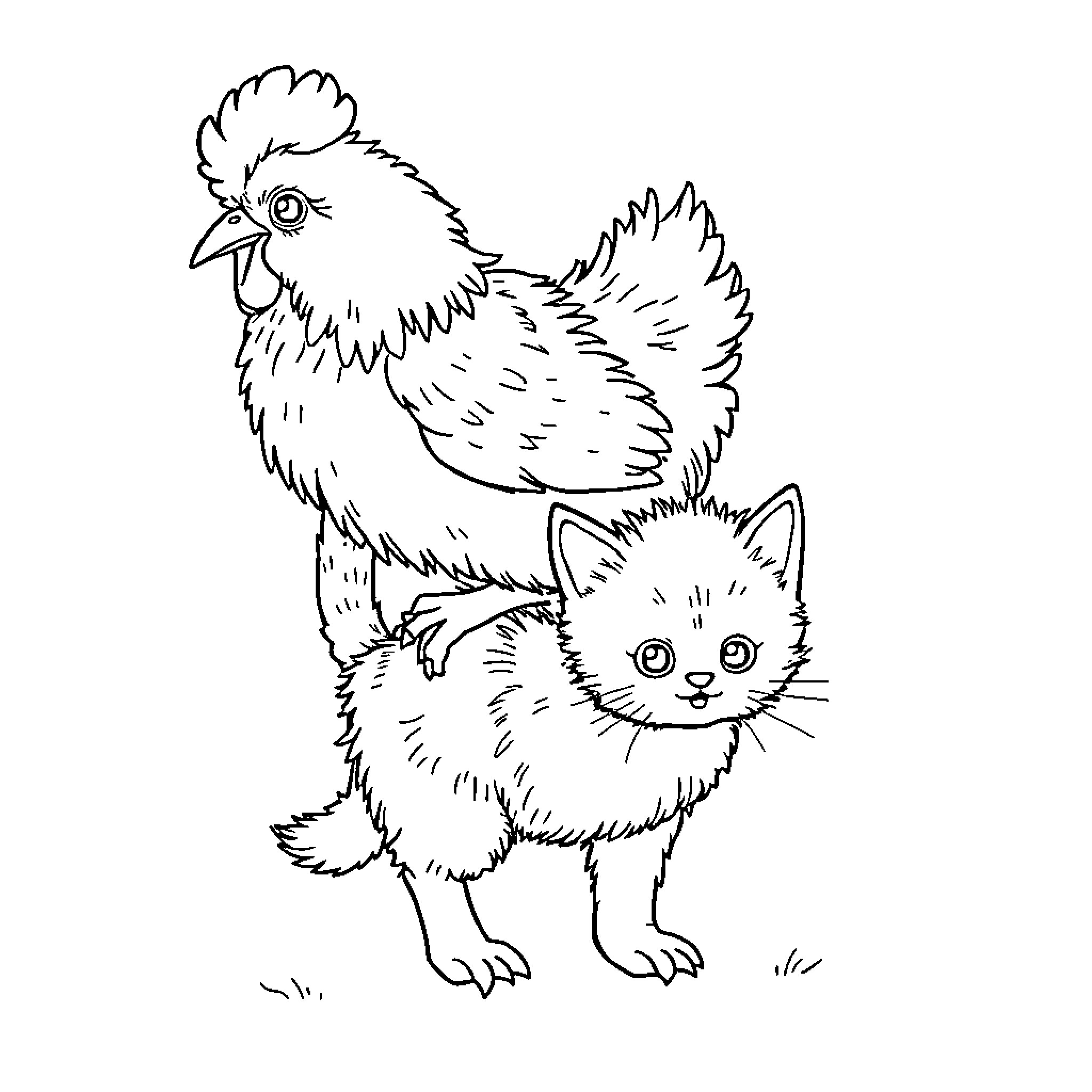 Chicken and Playful Kitten Coloring Page (free black-and-white line drawing printable PDF for all, from beginners to advanced learners, including children, teens, adults, and seniors)