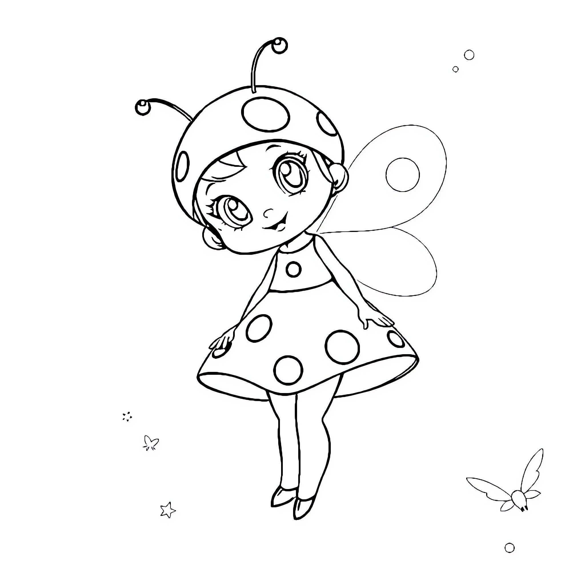 Ladybug fairy in a whimsical scene Coloring Page (free black-and-white line drawing printable PDF for all, from beginners to advanced learners, including children, teens, adults, and seniors)