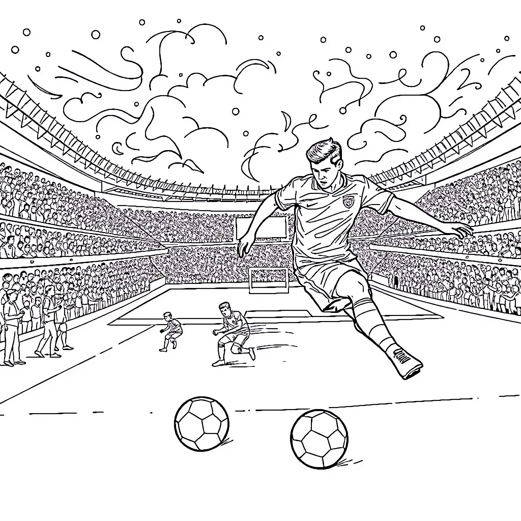 Futbol player's dramatic moment in the stadium Coloring Page (free black-and-white line drawing printable PDF for all, from beginners to advanced learners, including children, teens, adults, and seniors)