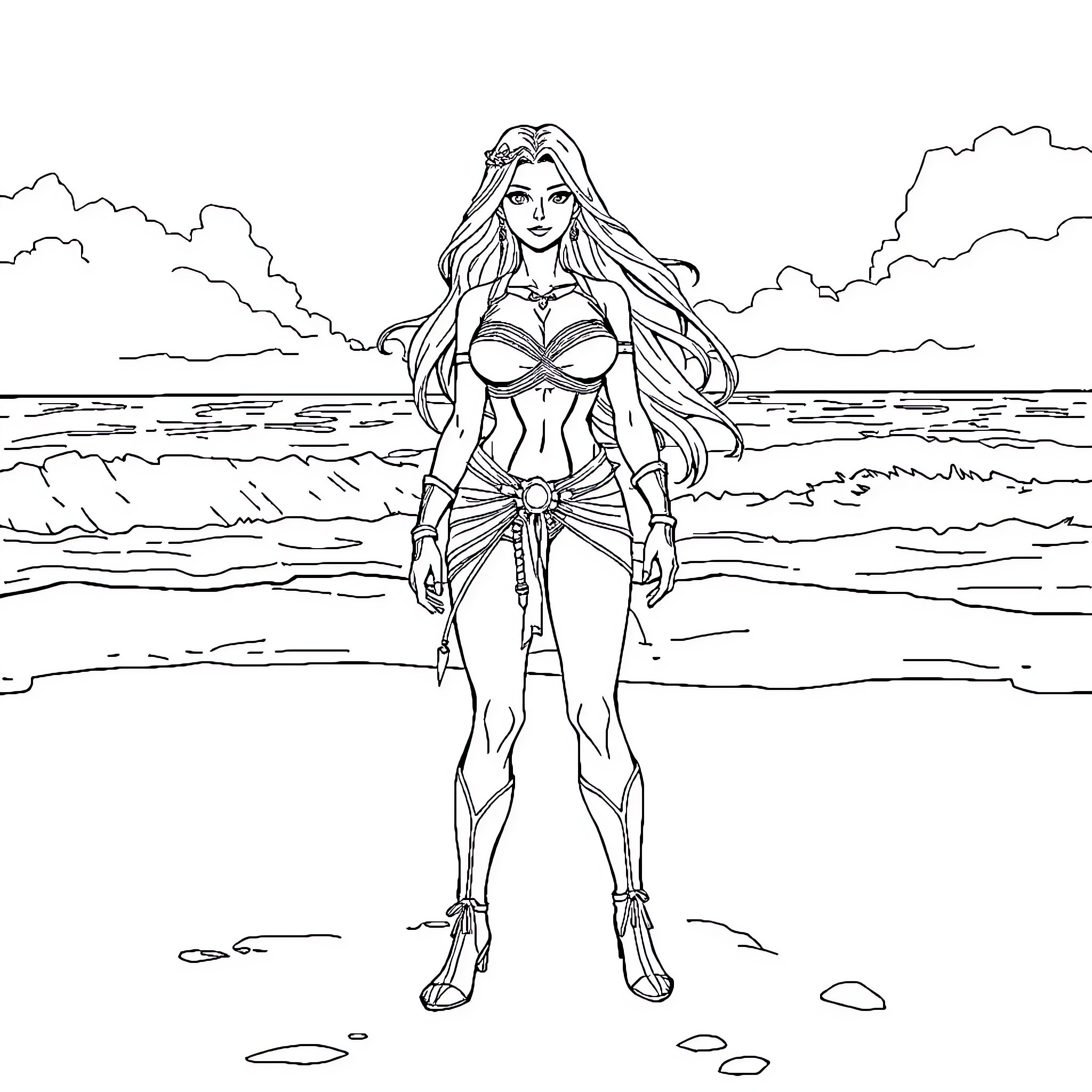 Diana standing confidently on the beach Coloring Page (free black-and-white line drawing printable PDF for all, from beginners to advanced learners, including children, teens, adults, and seniors)