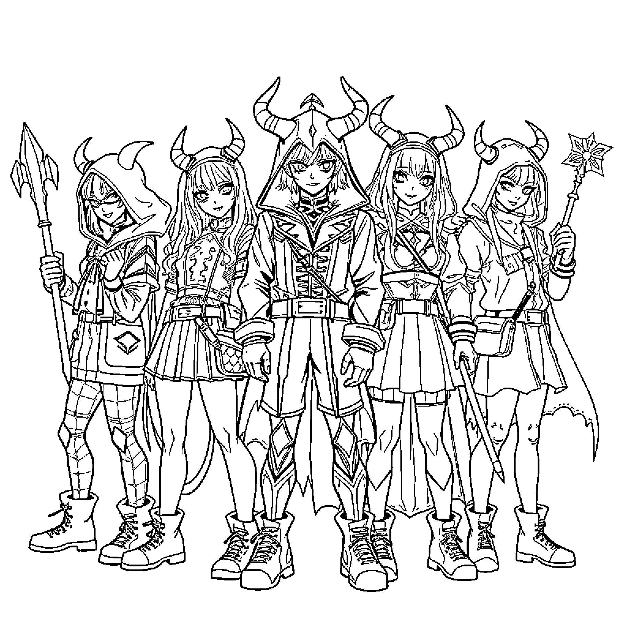 Demon Hunters Wielding Unique Weapons and Attire Coloring Page (free black-and-white line drawing printable PDF for all, from beginners to advanced learners, including children, teens, adults, and seniors)