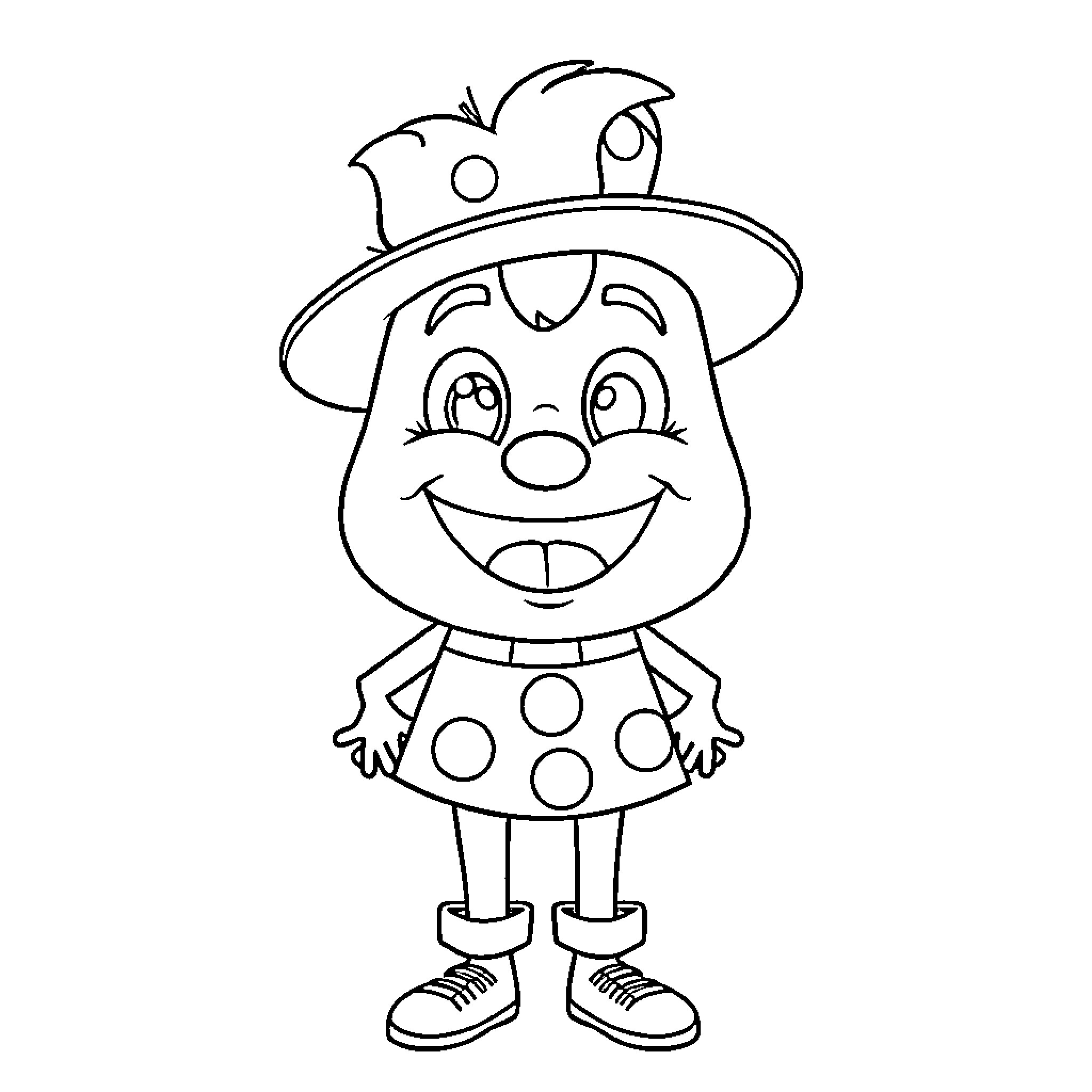 Plim Plim Happy Smiling Cartoon Character Coloring Page (free black-and-white line drawing printable PDF for all, from beginners to advanced learners, including children, teens, adults, and seniors)