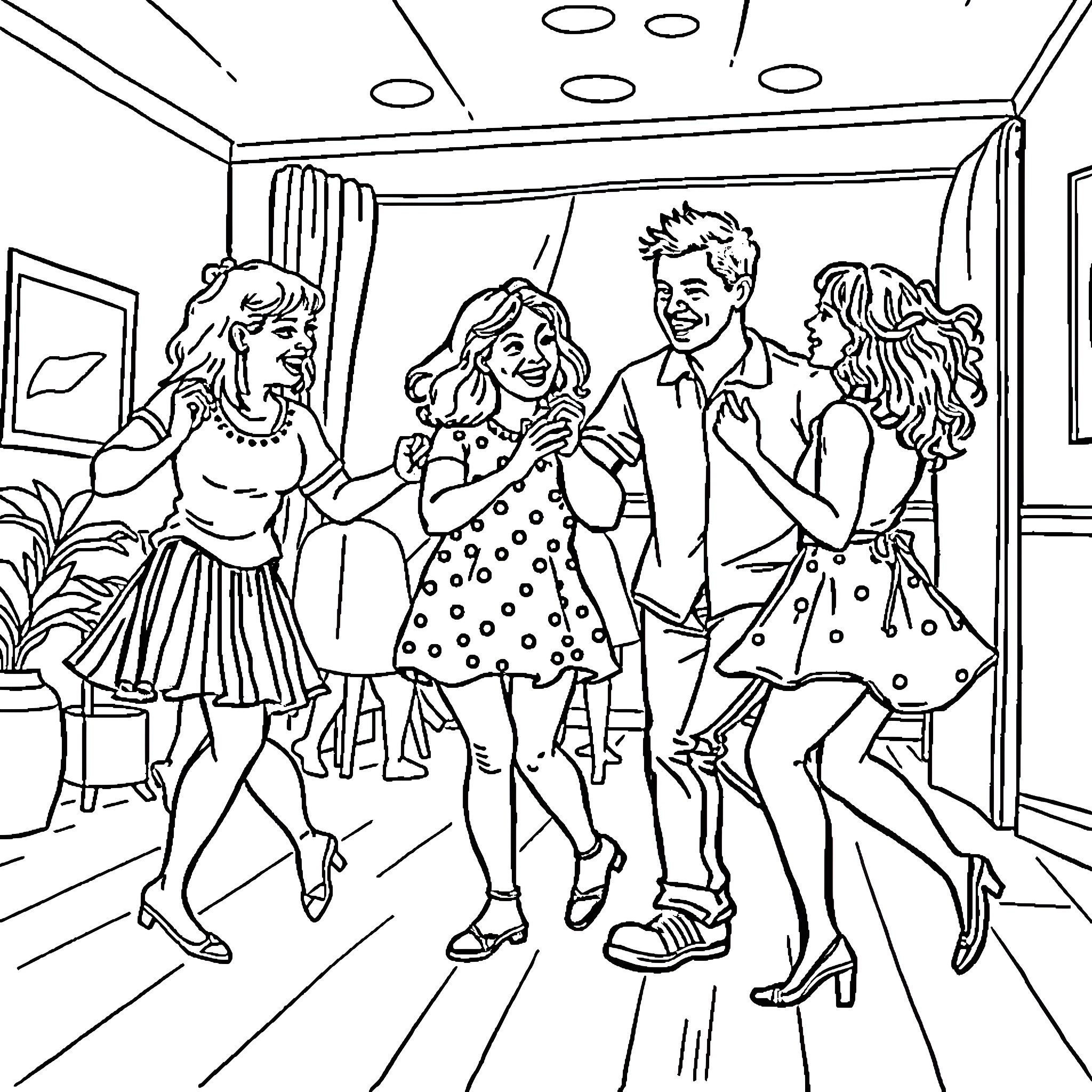 Down Syndrome People Enjoying a Dance Party Coloring Page (free black-and-white line drawing printable PDF for all, from beginners to advanced learners, including children, teens, adults, and seniors)
