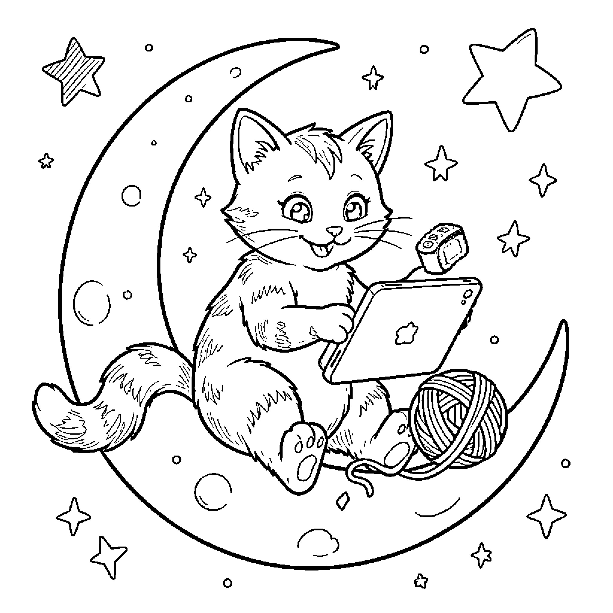 Cat Enjoying Nighttime with Smartphone and Toys Coloring Page (free black-and-white line drawing printable PDF for all, from beginners to advanced learners, including children, teens, adults, and seniors)