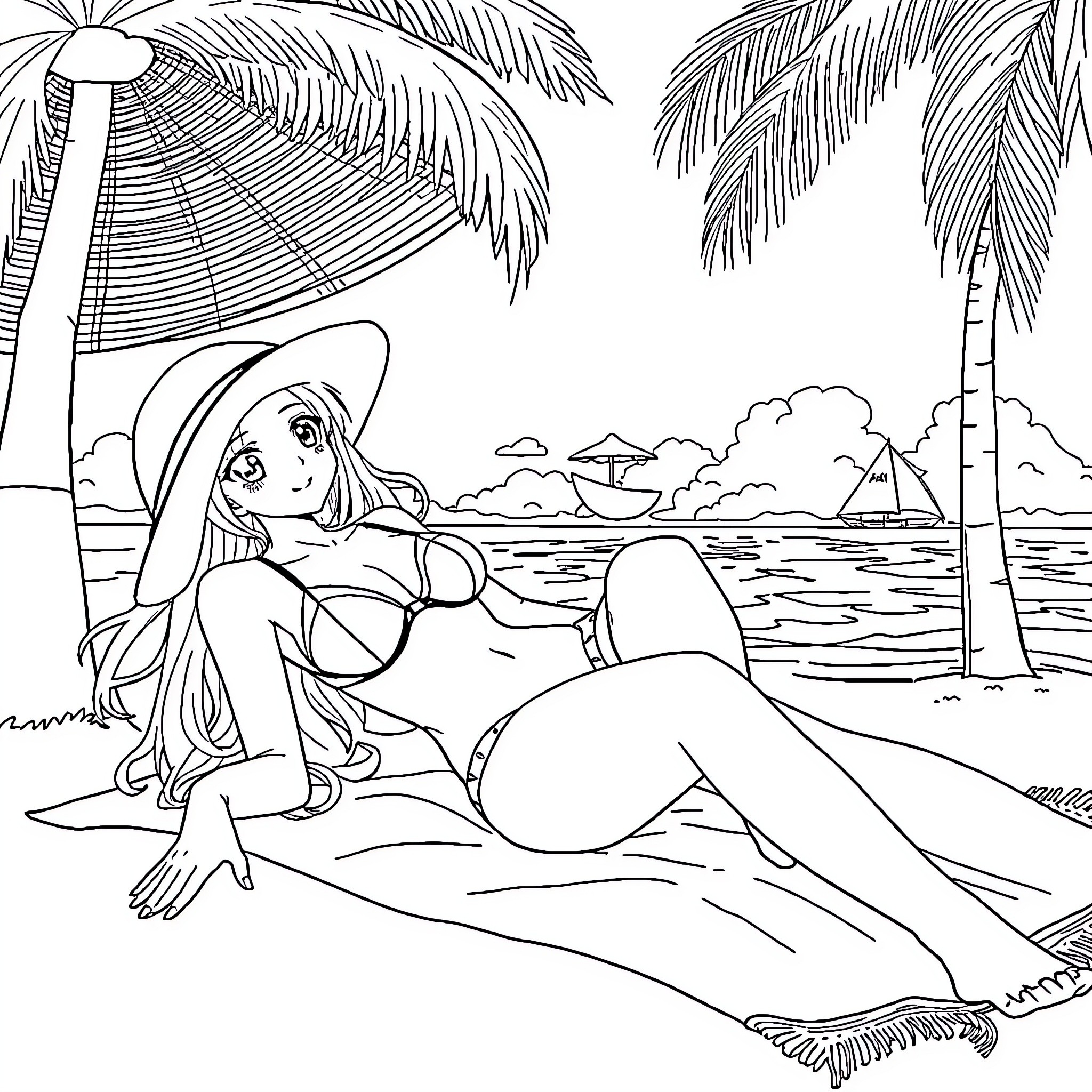 Anime Girl Relaxing on the Beach Coloring Page (free black-and-white line drawing printable PDF for all, from beginners to advanced learners, including children, teens, adults, and seniors)
