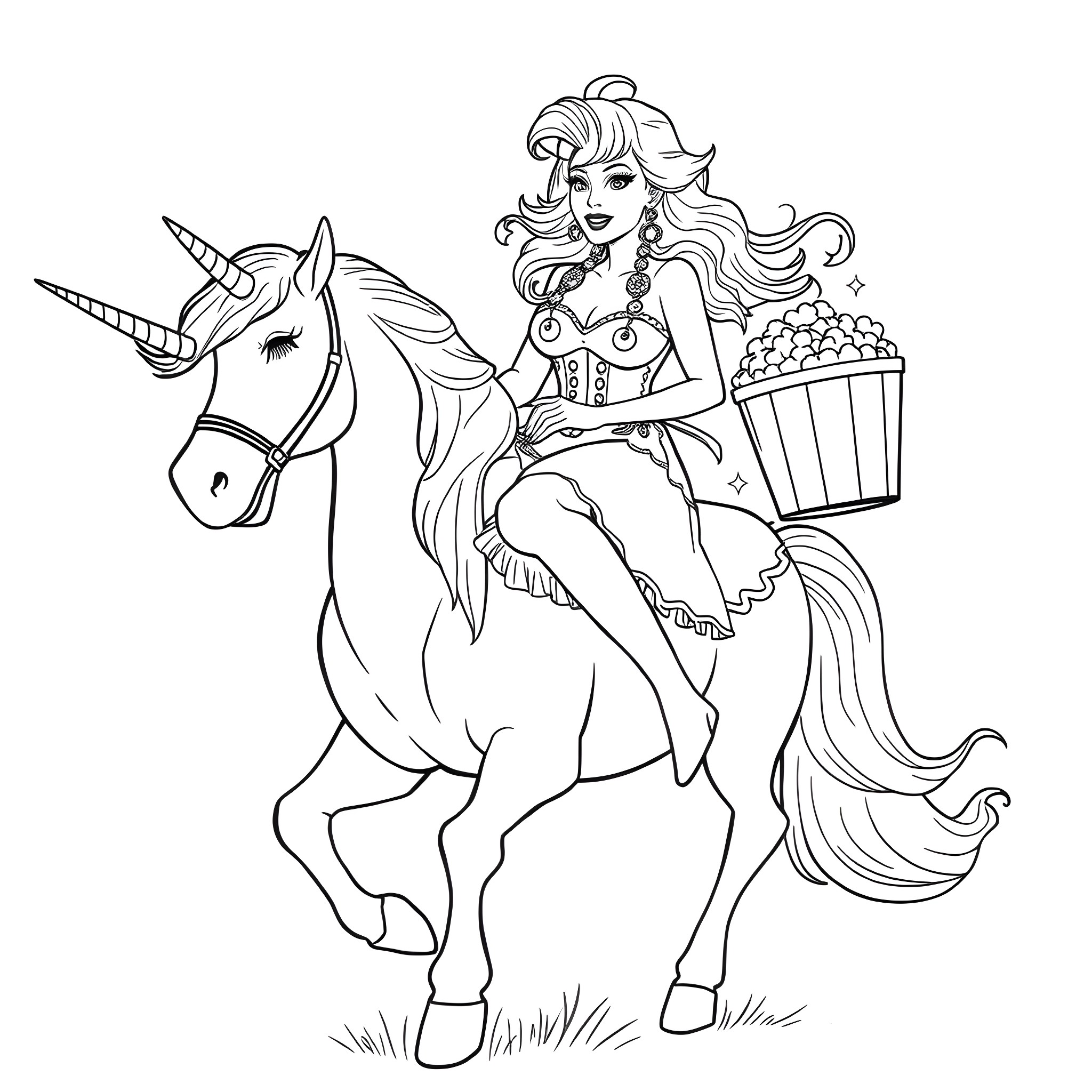 Dolly Parton riding a unicorn and carrying popcorn Coloring Page (free black-and-white line drawing printable PDF for all, from beginners to advanced learners, including children, teens, adults, and seniors)
