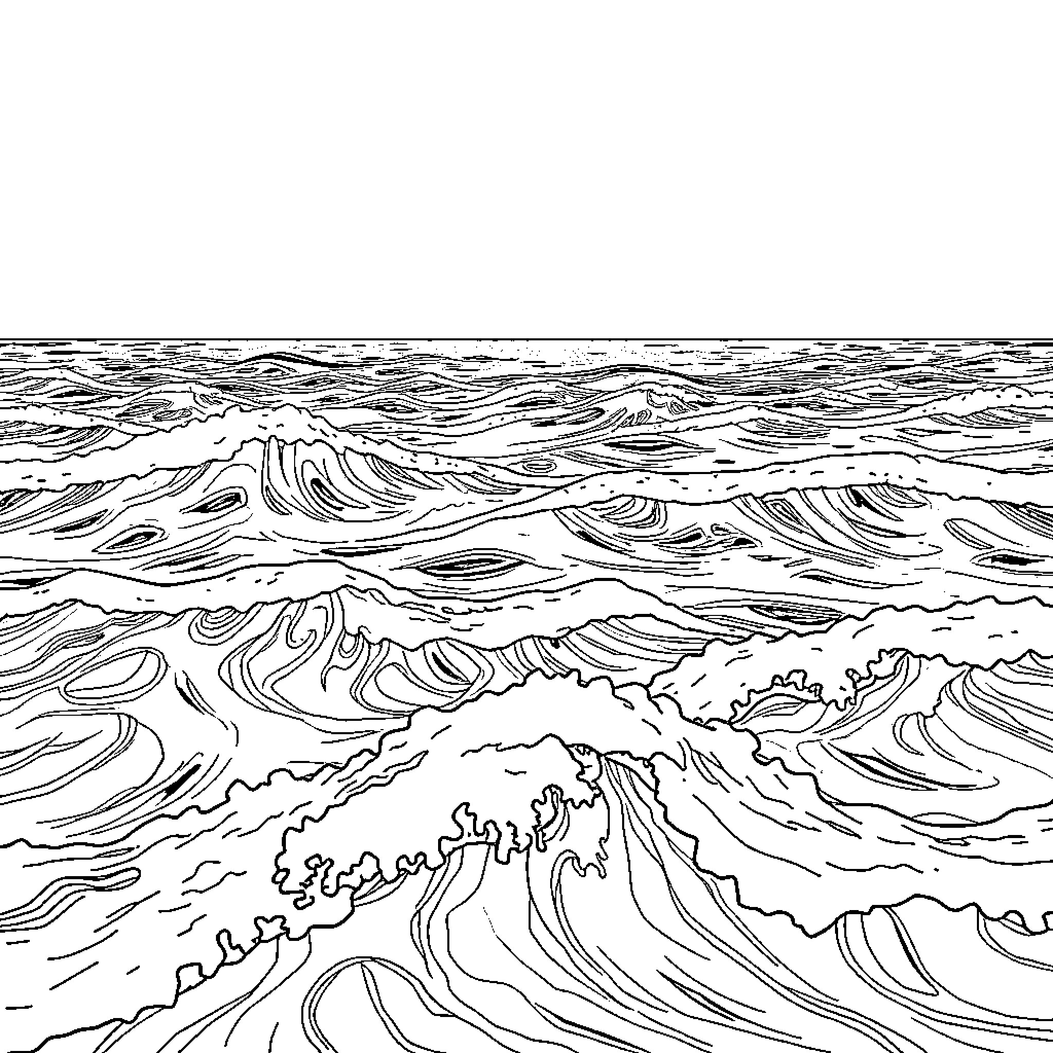 Ocean Waves Crashing Dramatically Coloring Page (free black-and-white line drawing printable PDF for all, from beginners to advanced learners, including children, teens, adults, and seniors)