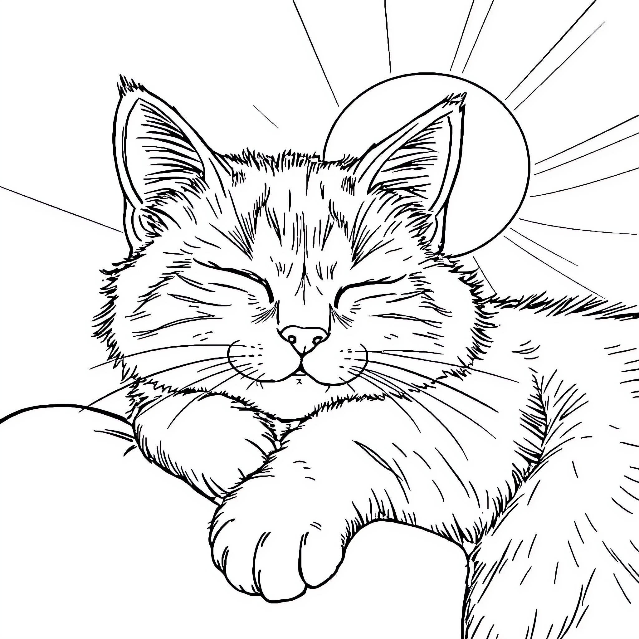 Cat napping in the sunshine Coloring Page (free black-and-white line drawing printable PDF for all, from beginners to advanced learners, including children, teens, adults, and seniors)
