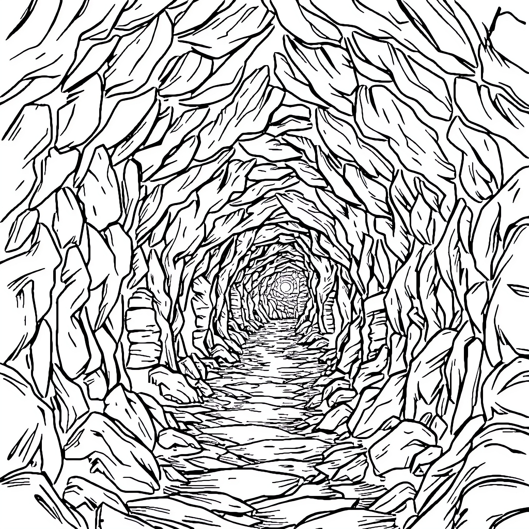 Mine Enigmatic Cave Passage Coloring Page (free black-and-white line drawing printable PDF for all, from beginners to advanced learners, including children, teens, adults, and seniors)