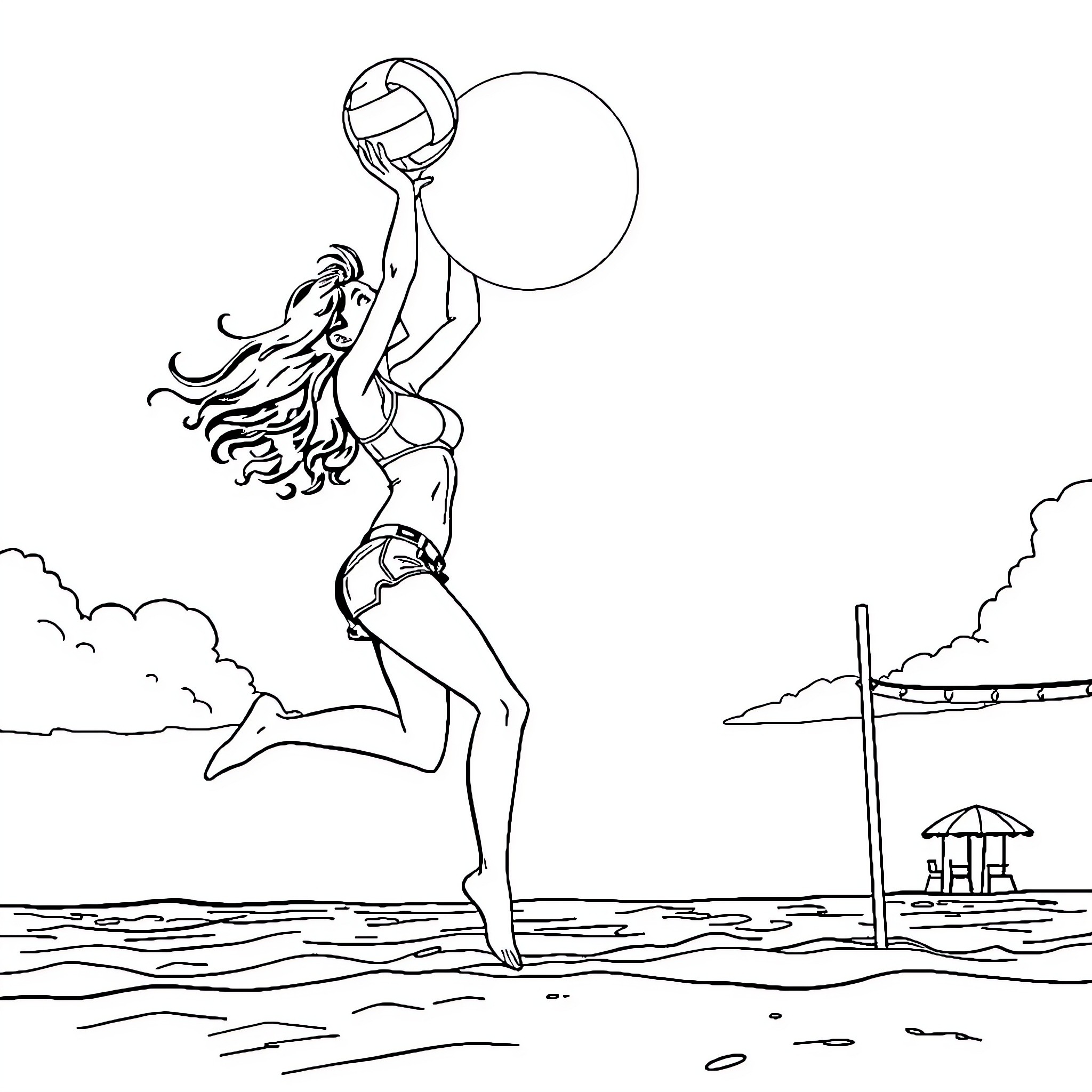 LEXI Volleyball Player Soaring Over Beach Coloring Page (free black-and-white line drawing printable PDF for all, from beginners to advanced learners, including children, teens, adults, and seniors)