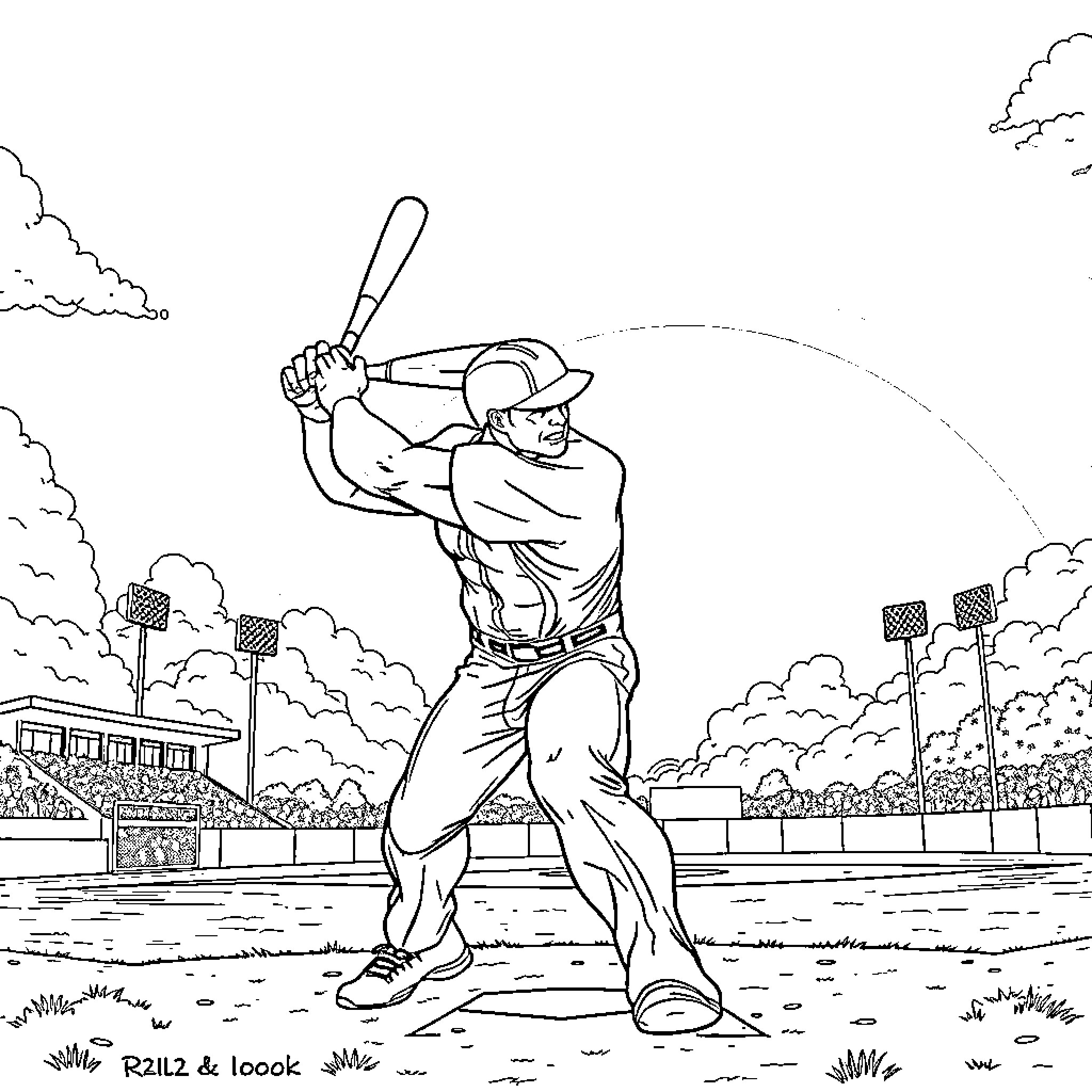 Hulk Hitting a Home Run on the Baseball Field Coloring Page (free black-and-white line drawing printable PDF for all, from beginners to advanced learners, including children, teens, adults, and seniors)