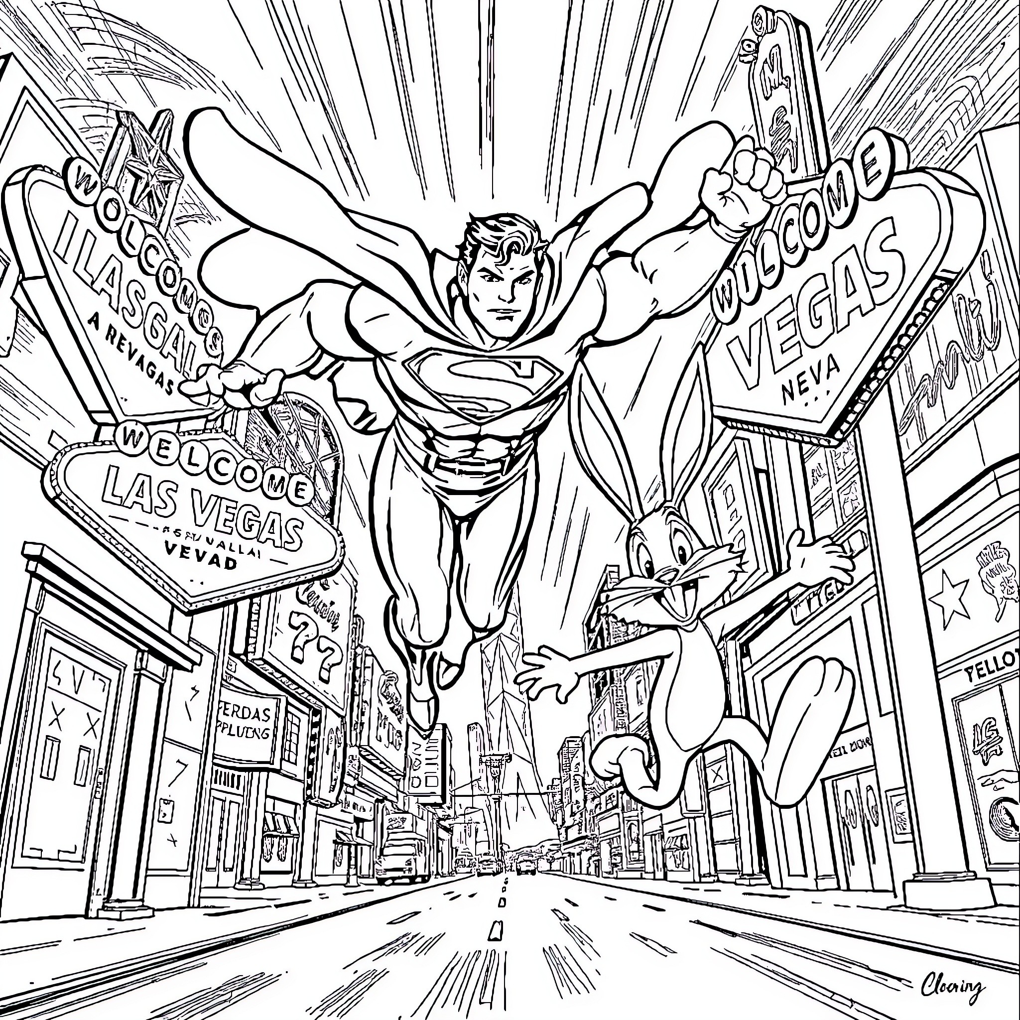 Superman Soaring Over a Vibrant City Coloring Page (free black-and-white line drawing printable PDF for all, from beginners to advanced learners, including children, teens, adults, and seniors)