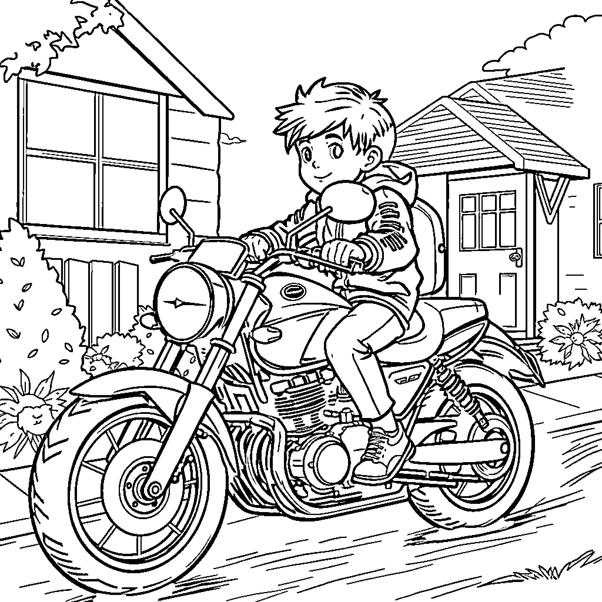 Boy riding motorcycle in a neighborhood Coloring Page (free black-and-white line drawing printable PDF for all, from beginners to advanced learners, including children, teens, adults, and seniors)