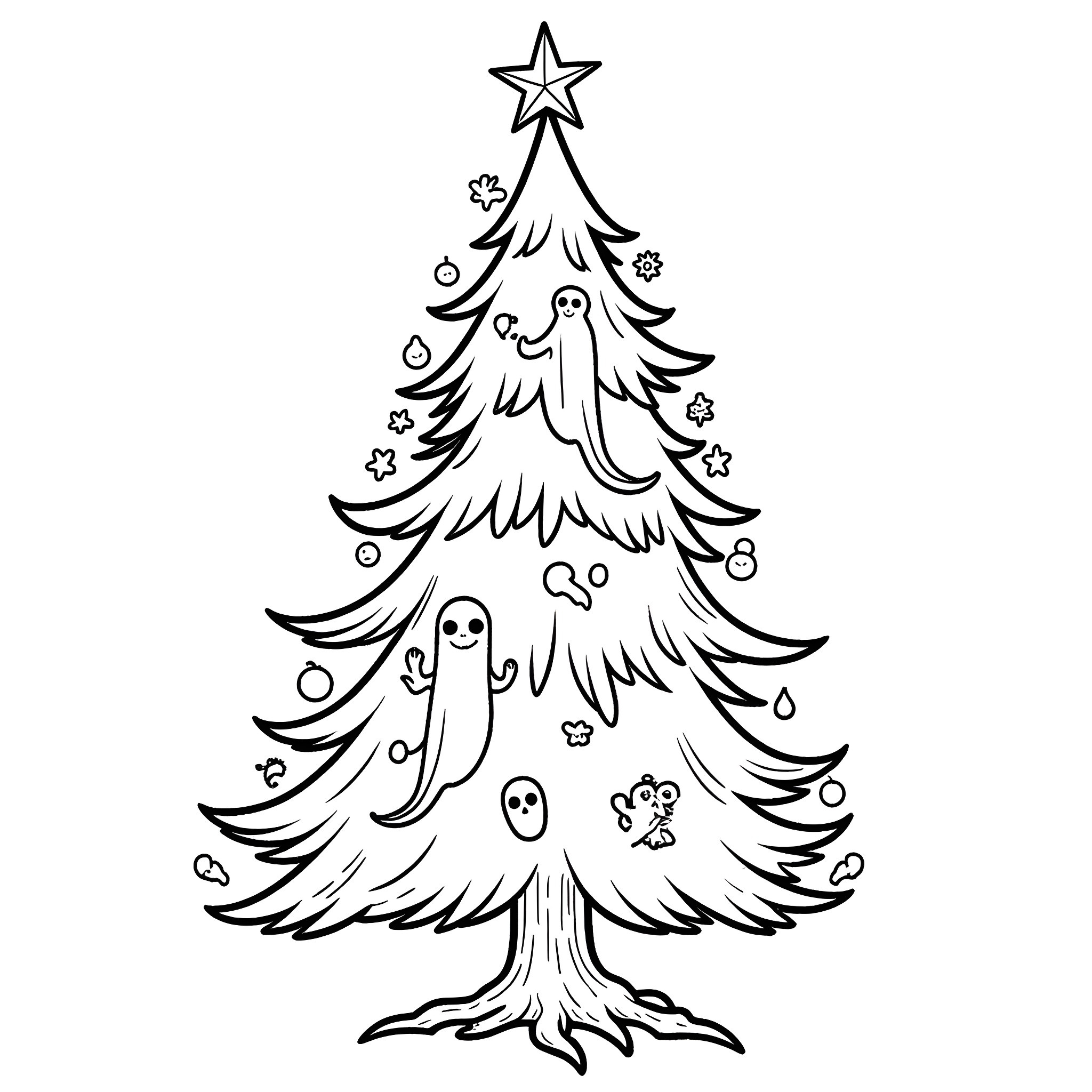 Christmas Tree with Playful Ghosts and Decorations Coloring Page (free black-and-white line drawing printable PDF for all, from beginners to advanced learners, including children, teens, adults, and seniors)