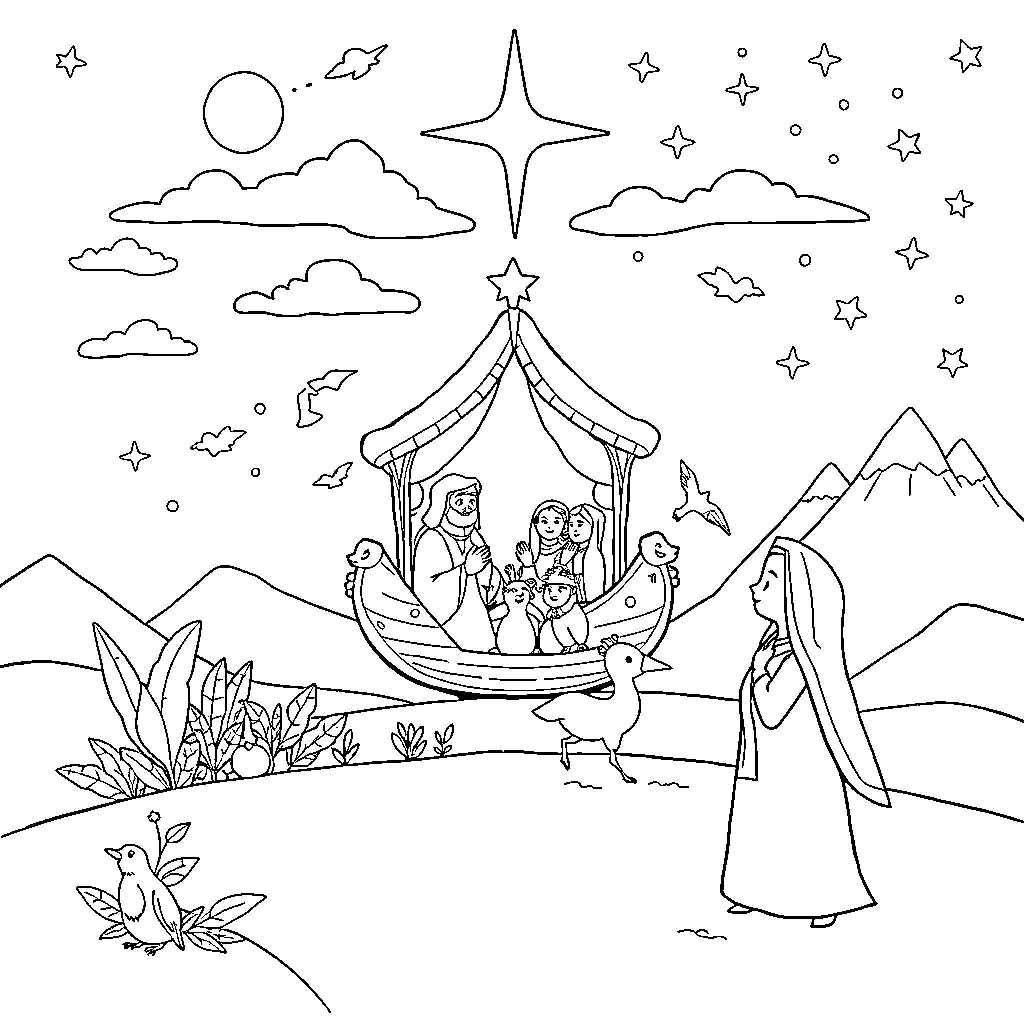 Biblical Stories of Nativity Scene and Worship Coloring Page (free black-and-white line drawing printable PDF for all, from beginners to advanced learners, including children, teens, adults, and seniors)