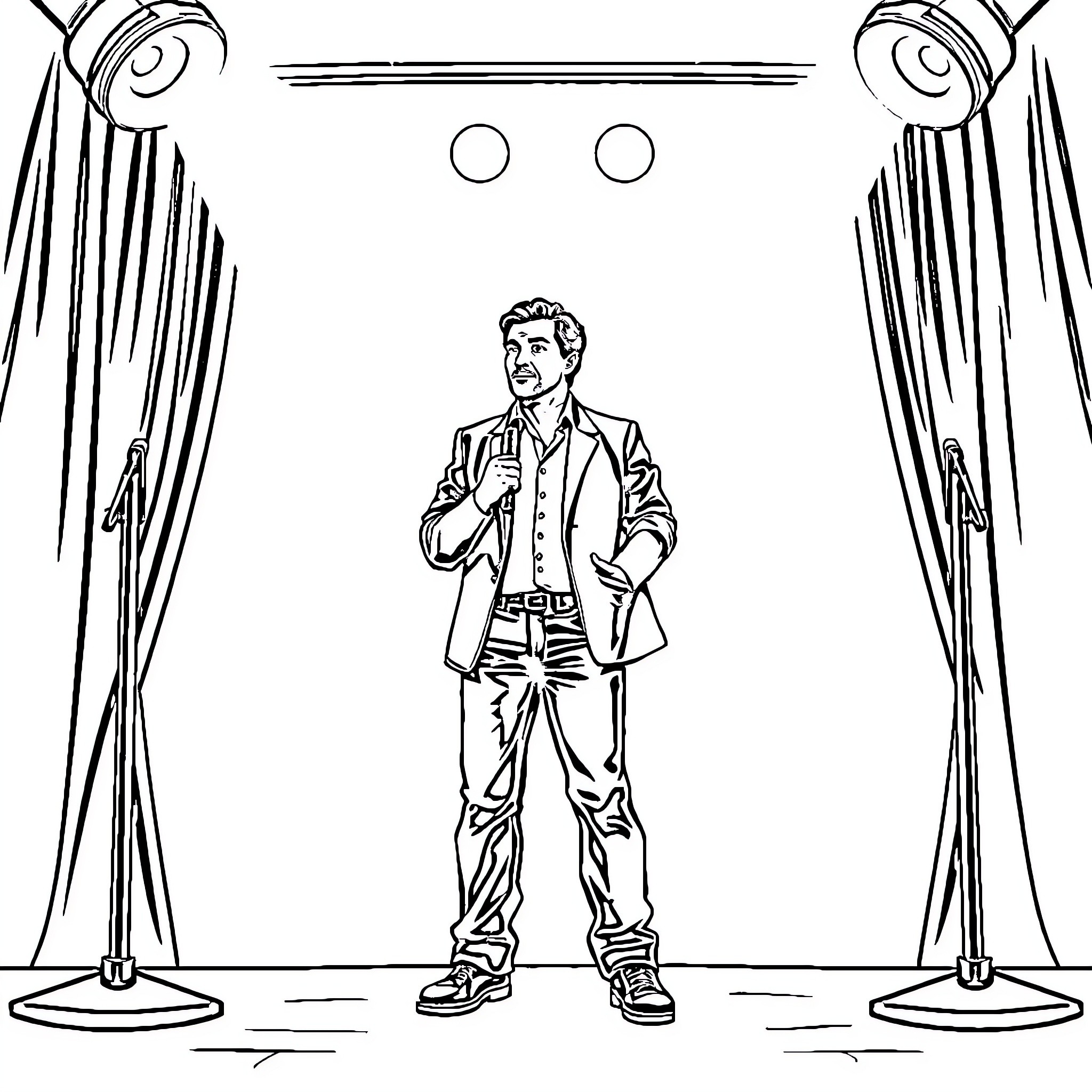 John Cena Standing on Stage with Spotlight Coloring Page (free black-and-white line drawing printable PDF for all, from beginners to advanced learners, including children, teens, adults, and seniors)