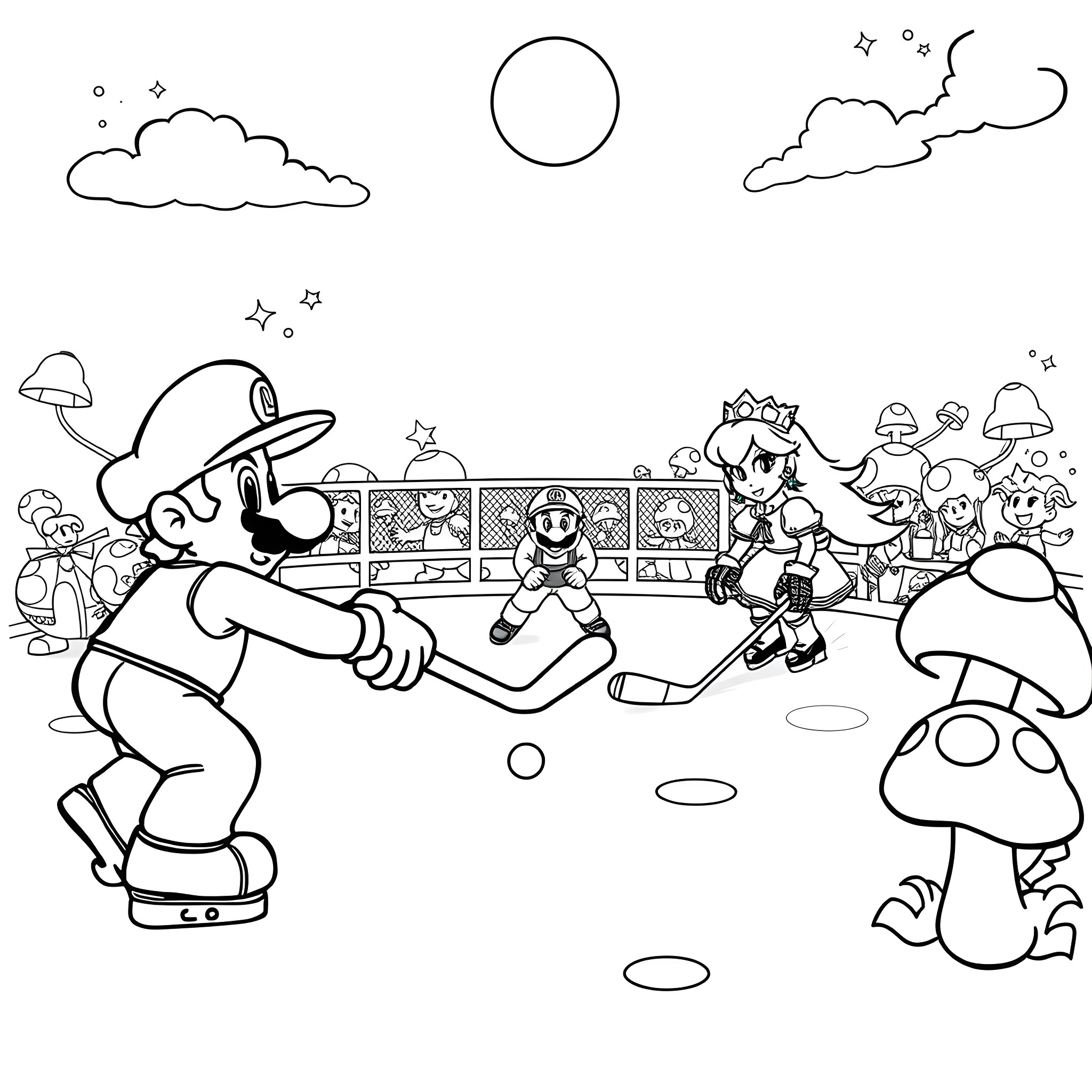 Mario's Fun Outdoor Adventure with Friends Coloring Page (free black-and-white line drawing printable PDF for all, from beginners to advanced learners, including children, teens, adults, and seniors)