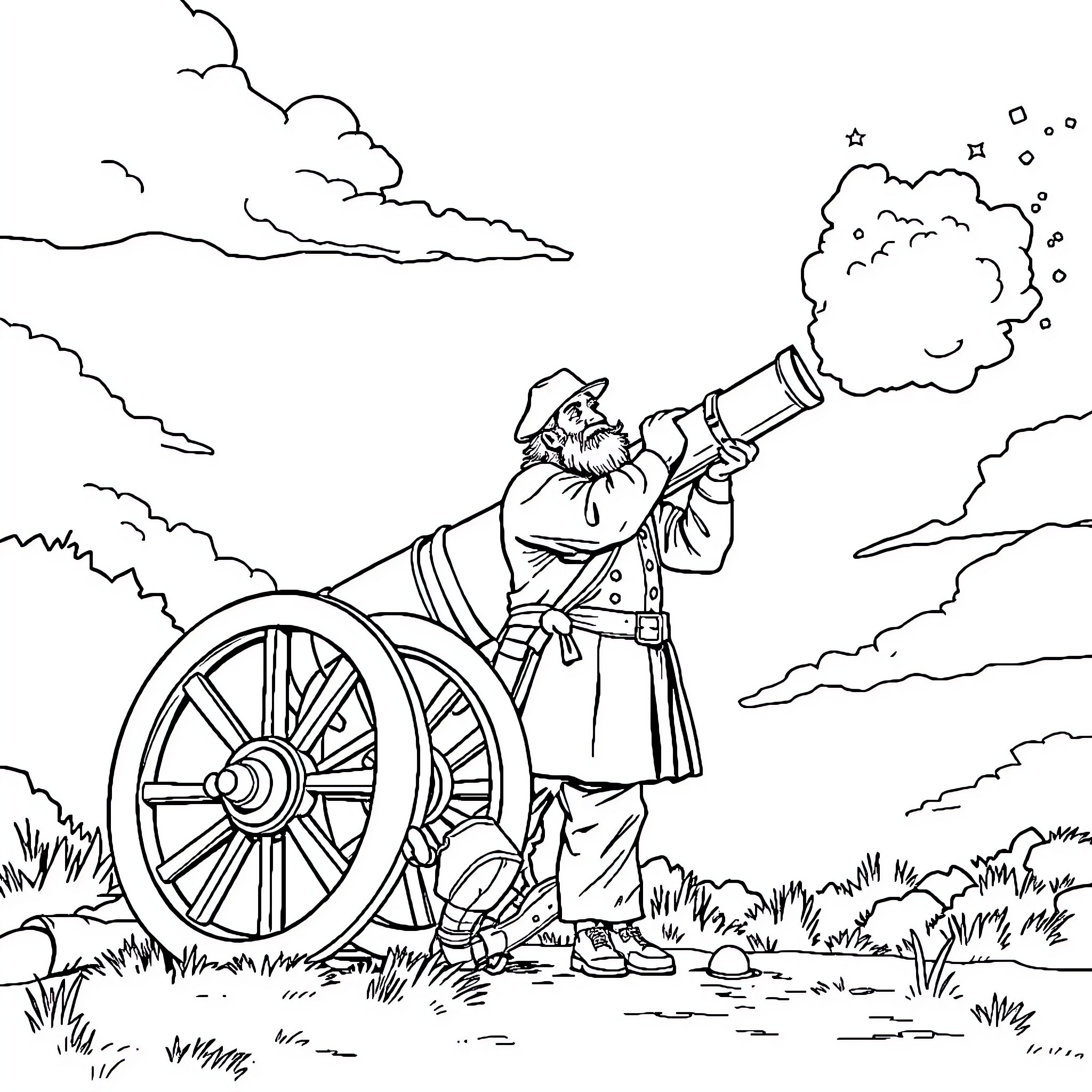 Old Man Operating a Cannon with Smoke in the Field Coloring Page (free black-and-white line drawing printable PDF for all, from beginners to advanced learners, including children, teens, adults, and seniors)