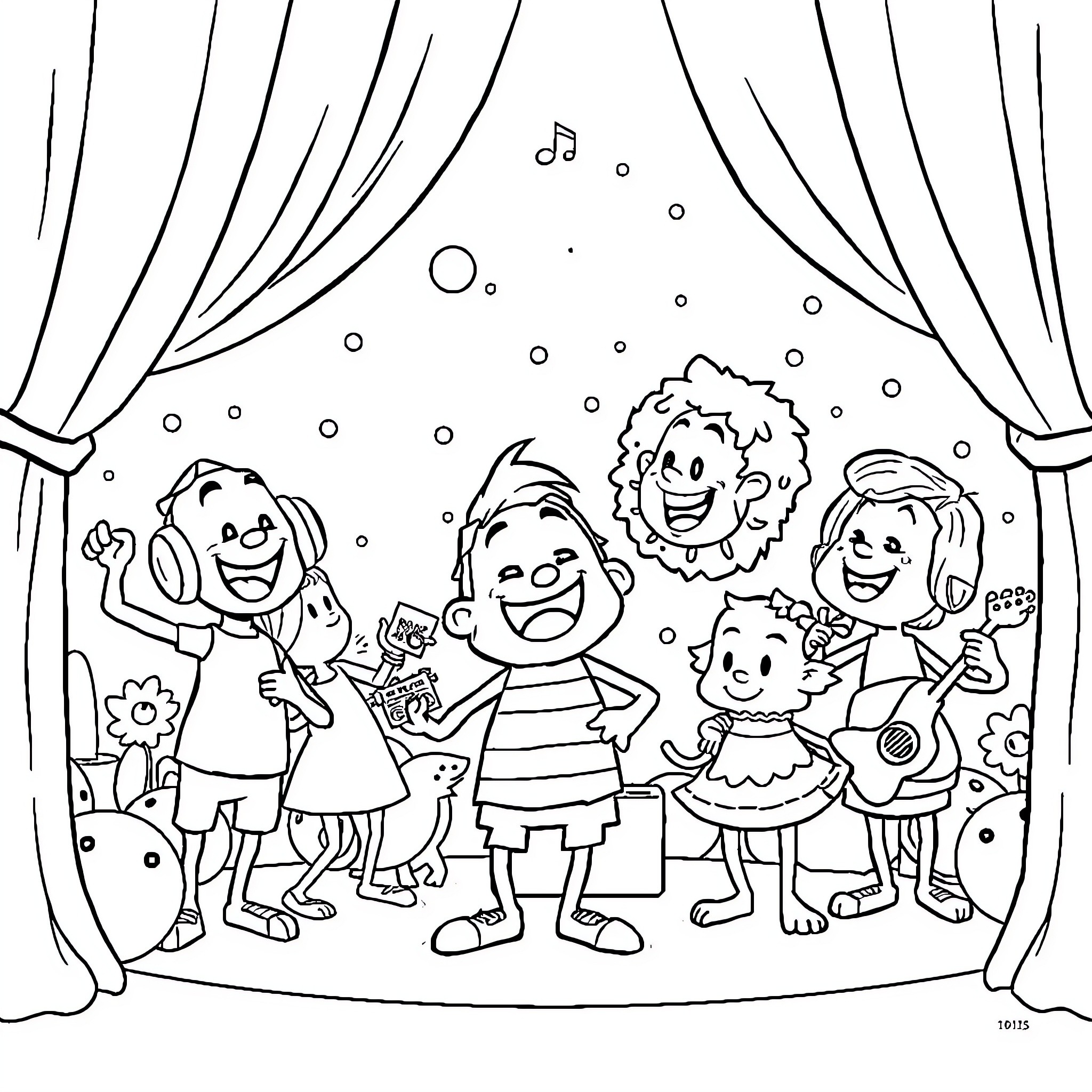 Plim Plim's Friendly Stage Performance Coloring Page (free black-and-white line drawing printable PDF for all, from beginners to advanced learners, including children, teens, adults, and seniors)