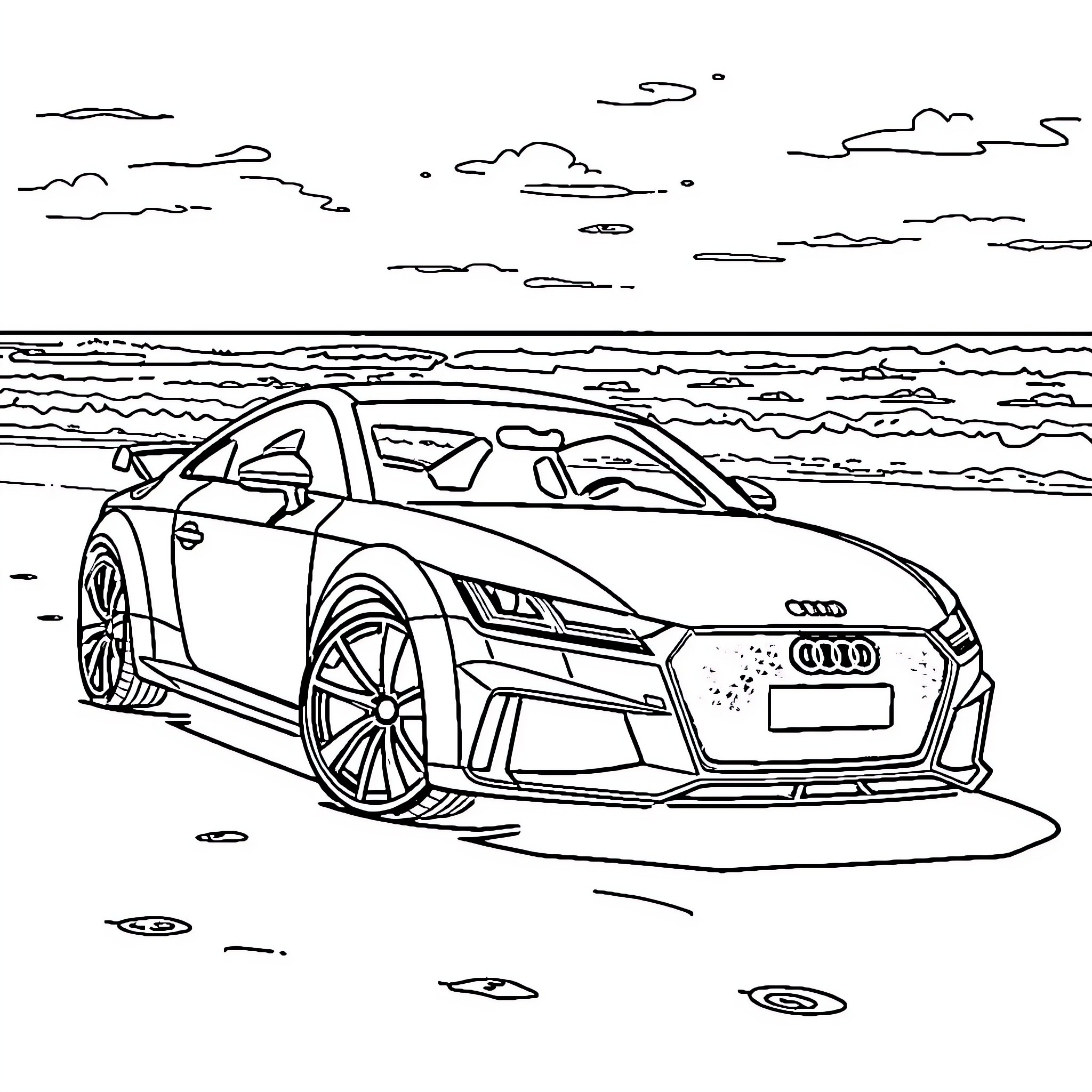Audi sports car on the beach Coloring Page (free black-and-white line drawing printable PDF for all, from beginners to advanced learners, including children, teens, adults, and seniors)