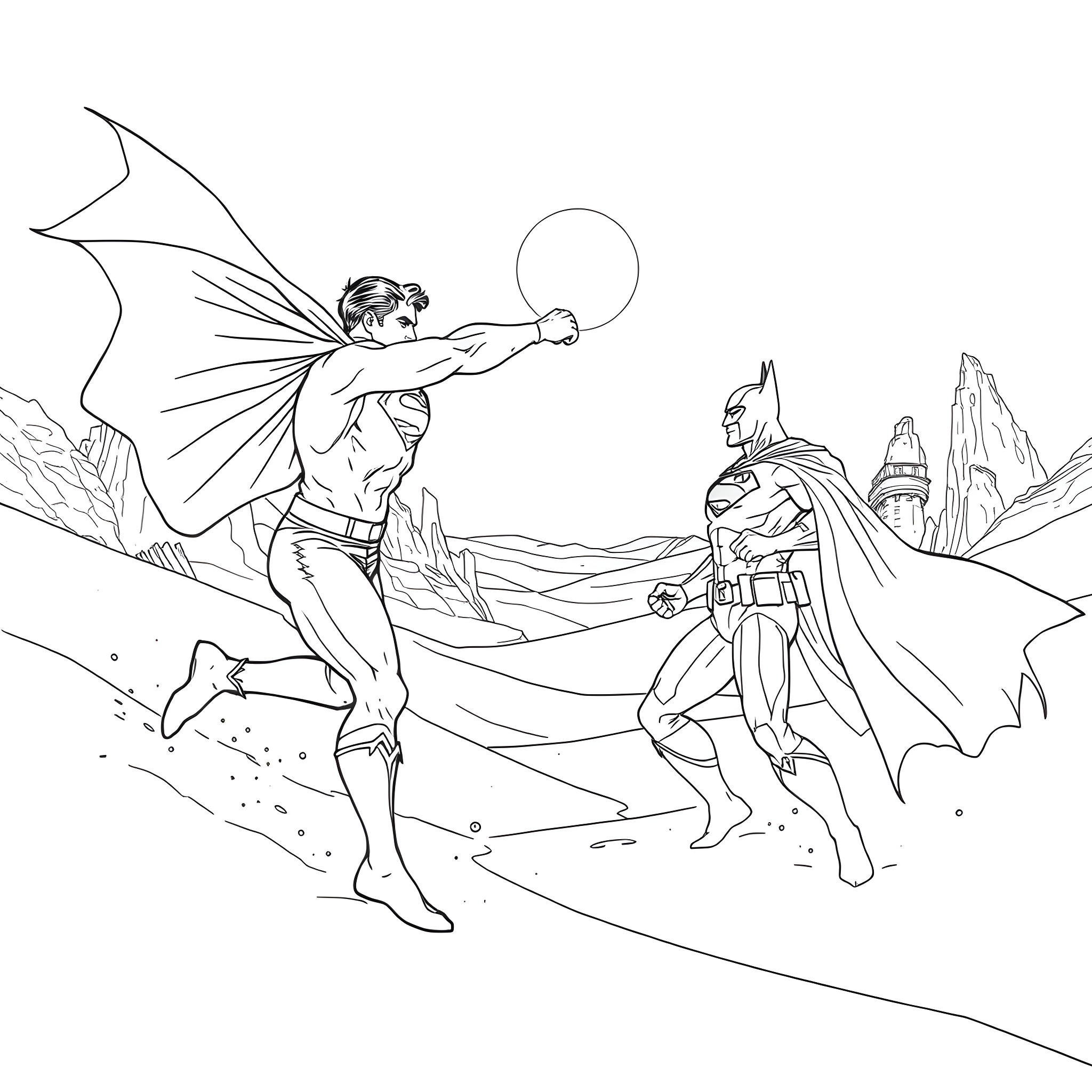 Superman facing off against Batman in an epic battle Coloring Page (free black-and-white line drawing printable PDF for all, from beginners to advanced learners, including children, teens, adults, and seniors)