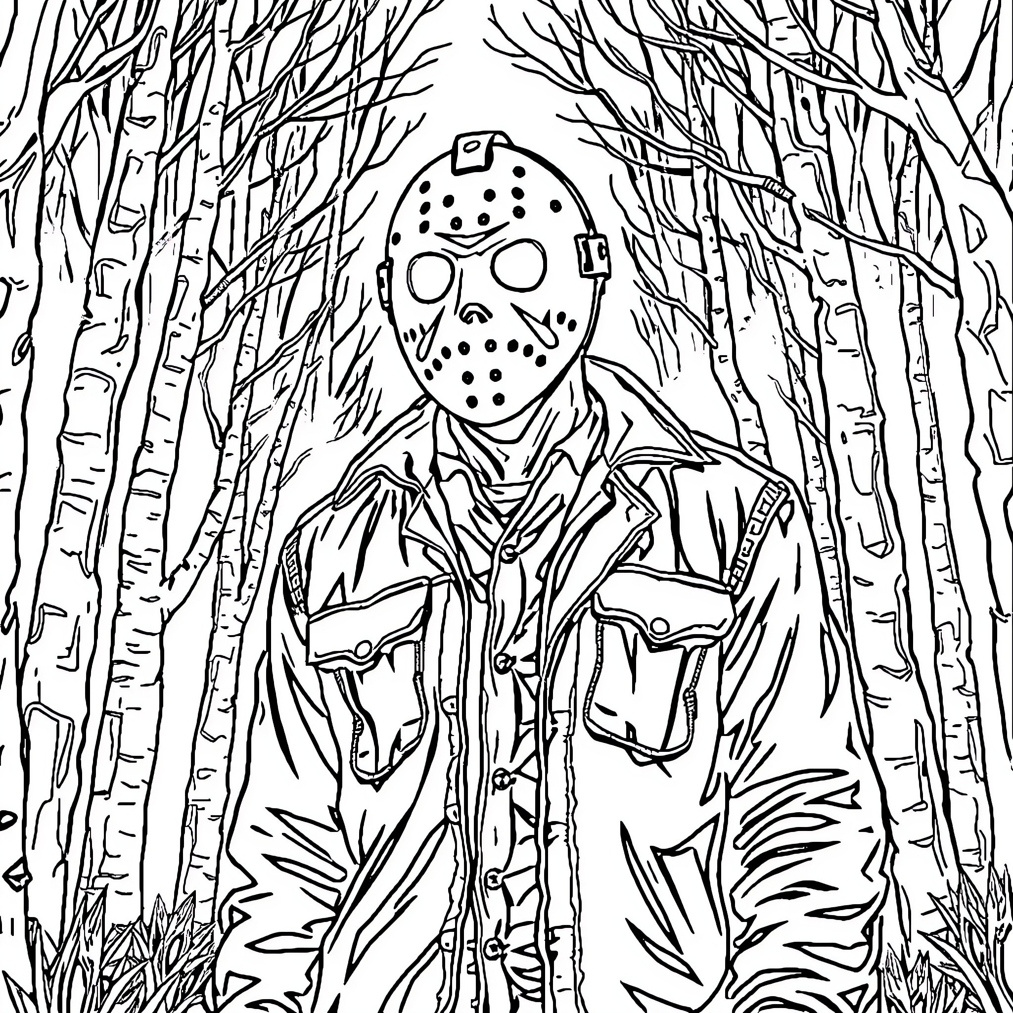 Jason Voorhees stalking through the snowy forest Coloring Page (free black-and-white line drawing printable PDF for all, from beginners to advanced learners, including children, teens, adults, and seniors)