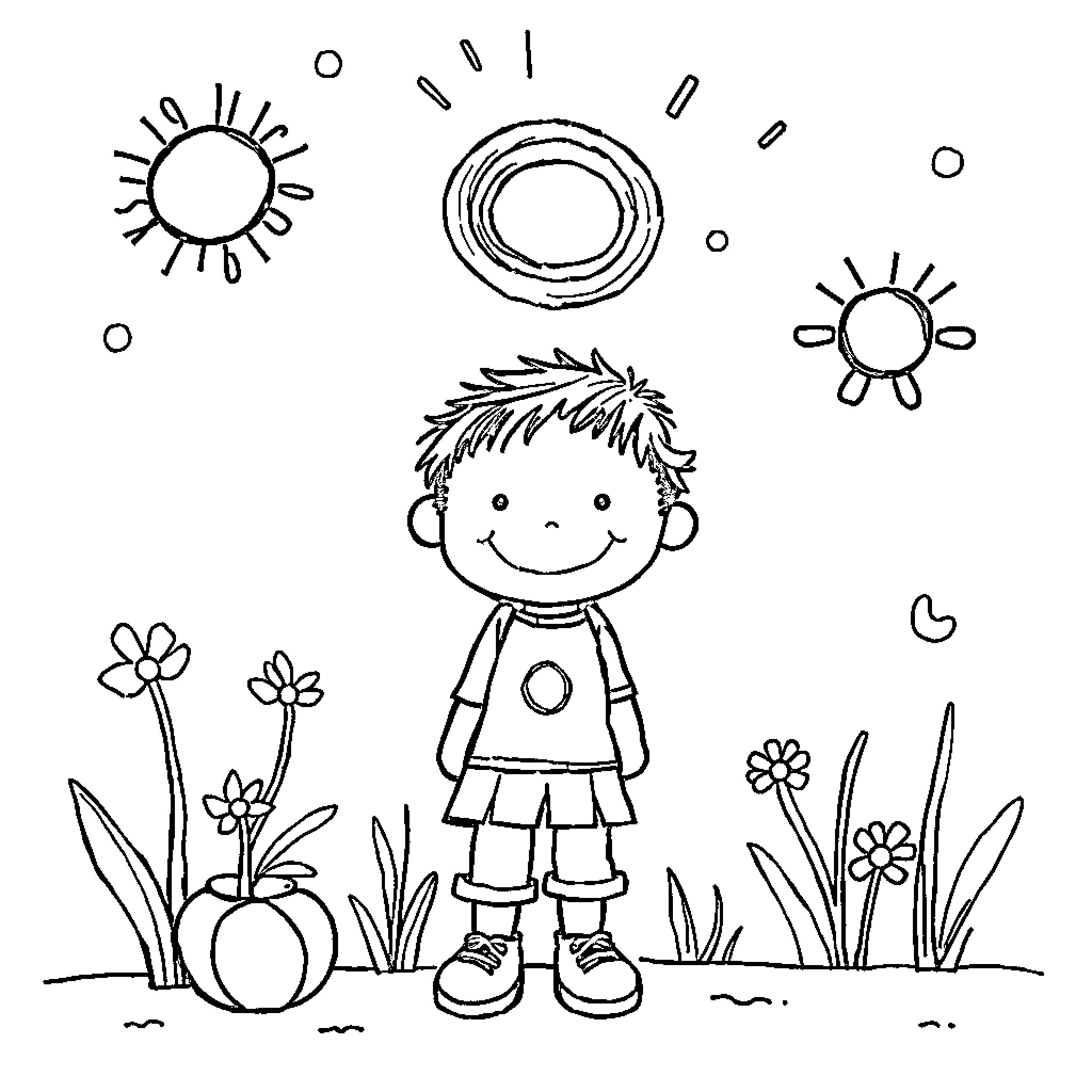 Children playing joyfully in a garden Coloring Page (free black-and-white line drawing printable PDF for all, from beginners to advanced learners, including children, teens, adults, and seniors)