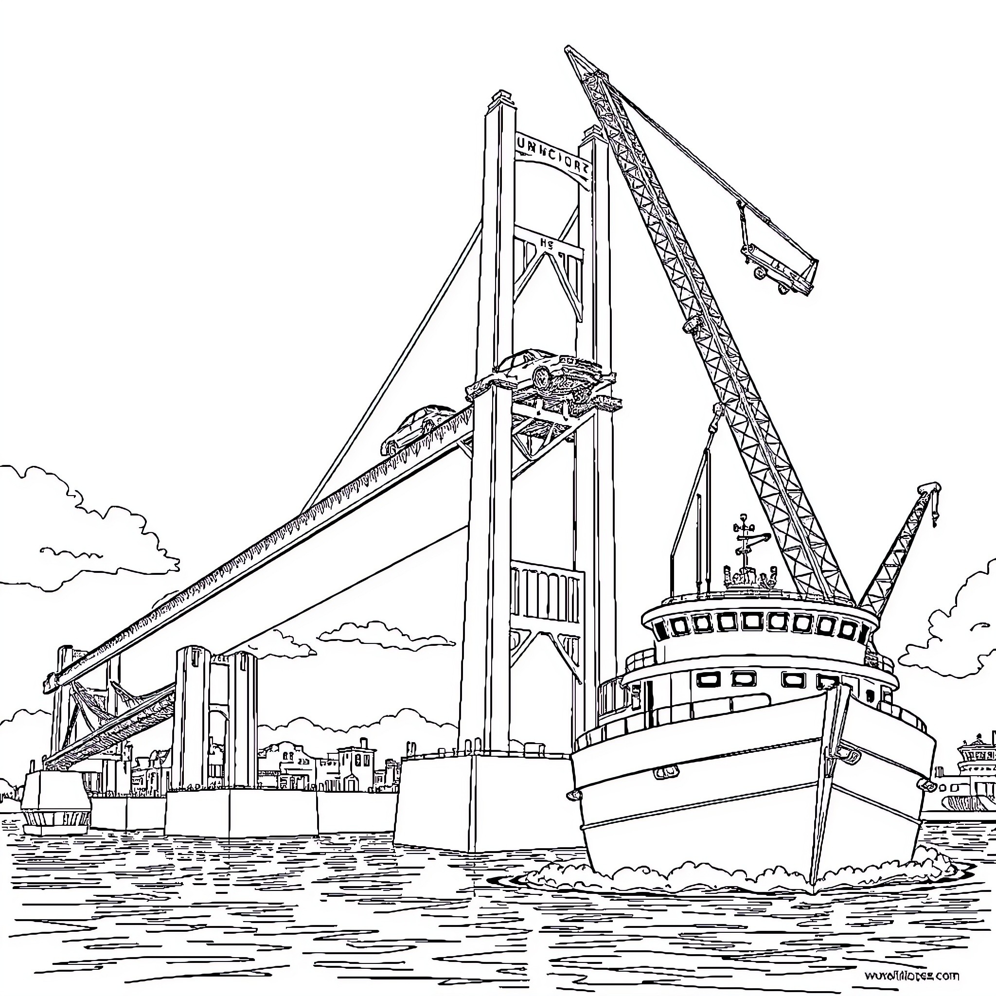 Car Crane Lifting Cargo Ship in Harbor Coloring Page (free black-and-white line drawing printable PDF for all, from beginners to advanced learners, including children, teens, adults, and seniors)