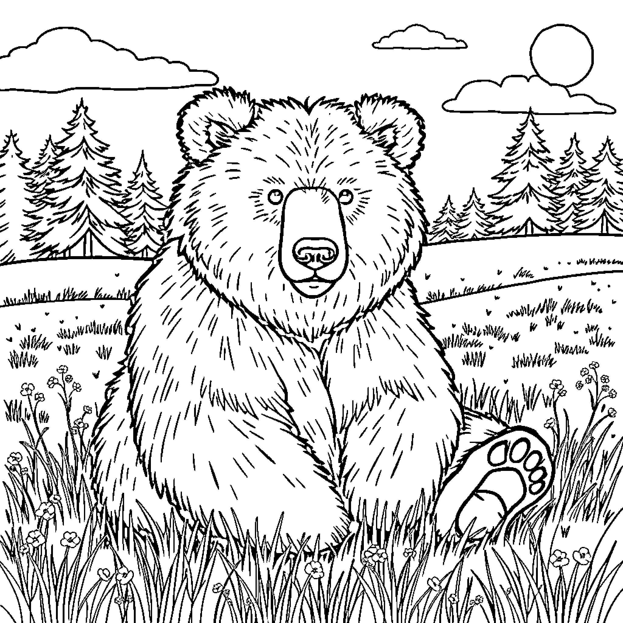 Bear exploring the wilderness Coloring Page (free black-and-white line drawing printable PDF for all, from beginners to advanced learners, including children, teens, adults, and seniors)