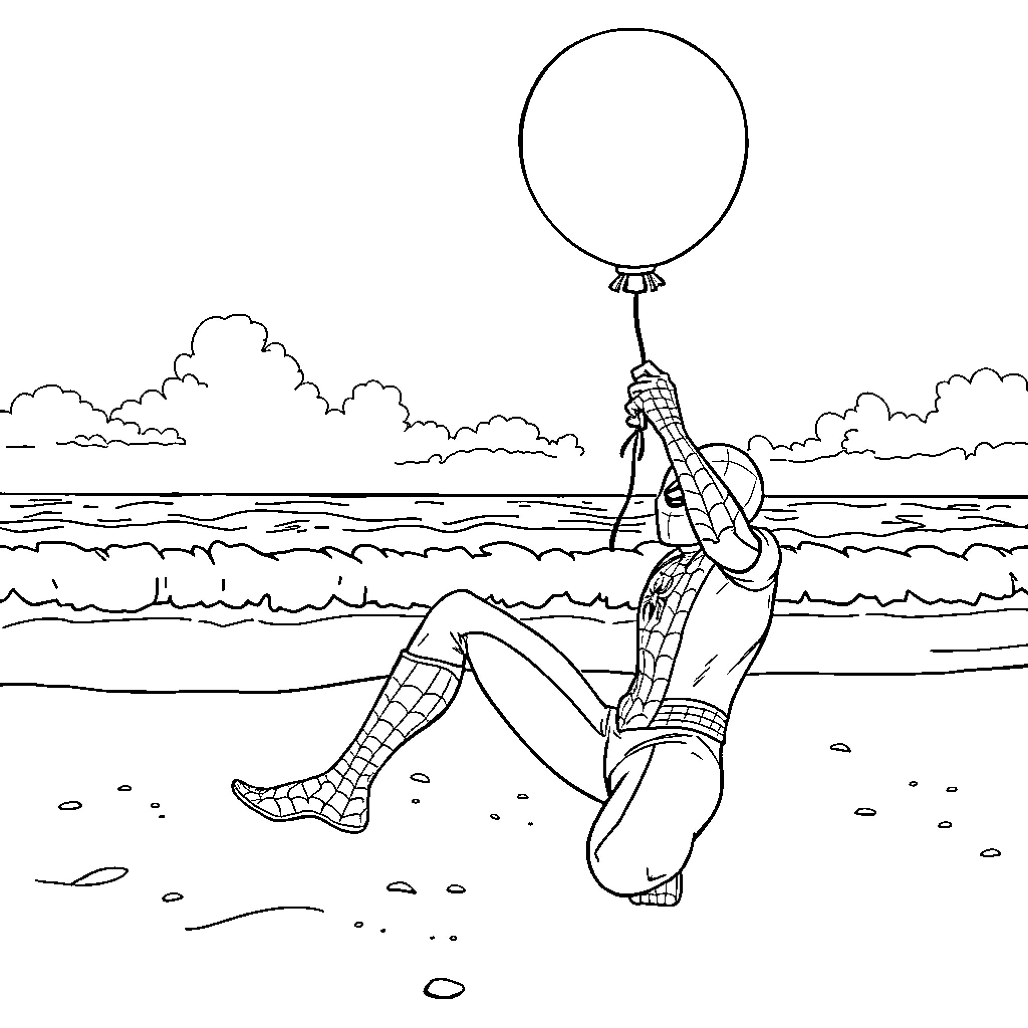 Spiderman relaxing on the beach with a balloon Coloring Page (free black-and-white line drawing printable PDF for all, from beginners to advanced learners, including children, teens, adults, and seniors)