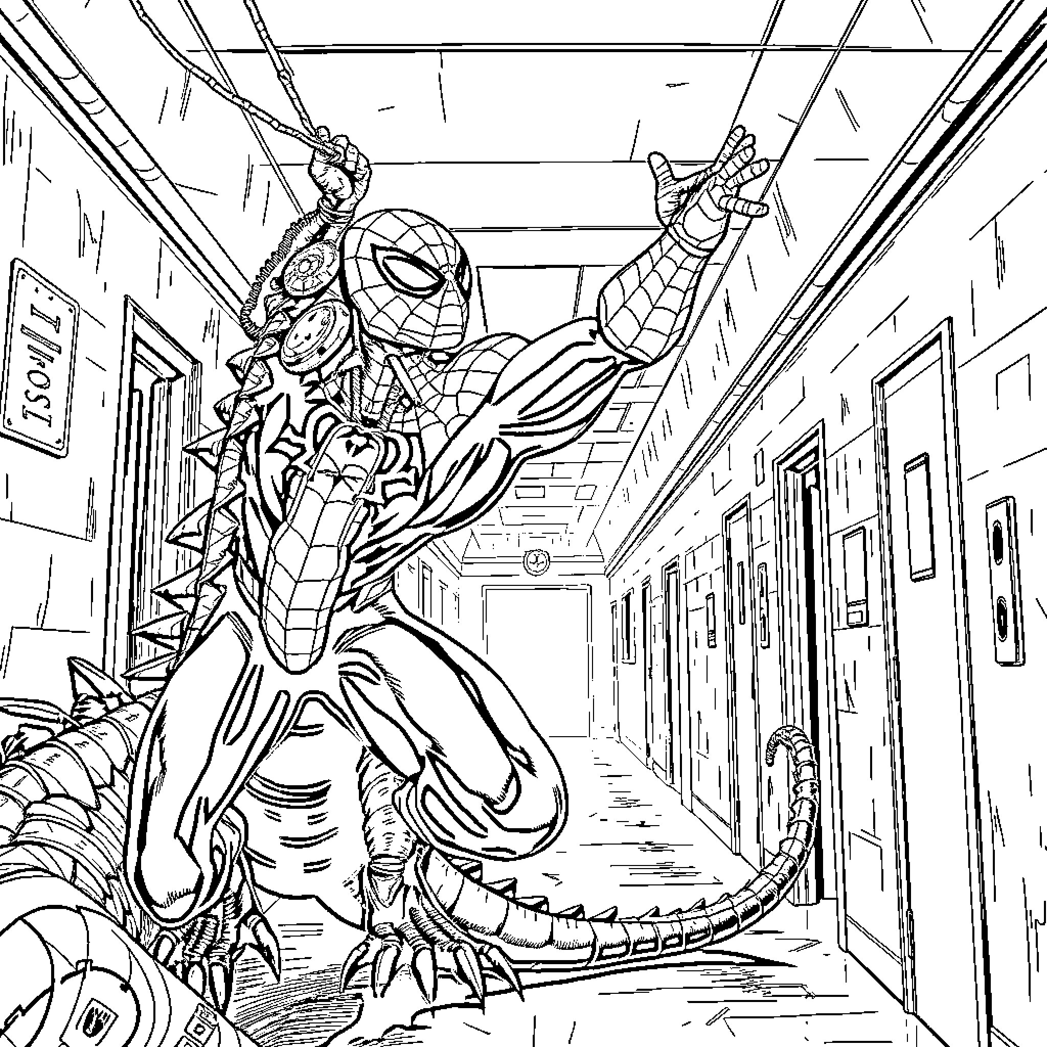 Spider-Man swinging through the city in action mode Coloring Page (free black-and-white line drawing printable PDF for all, from beginners to advanced learners, including children, teens, adults, and seniors)