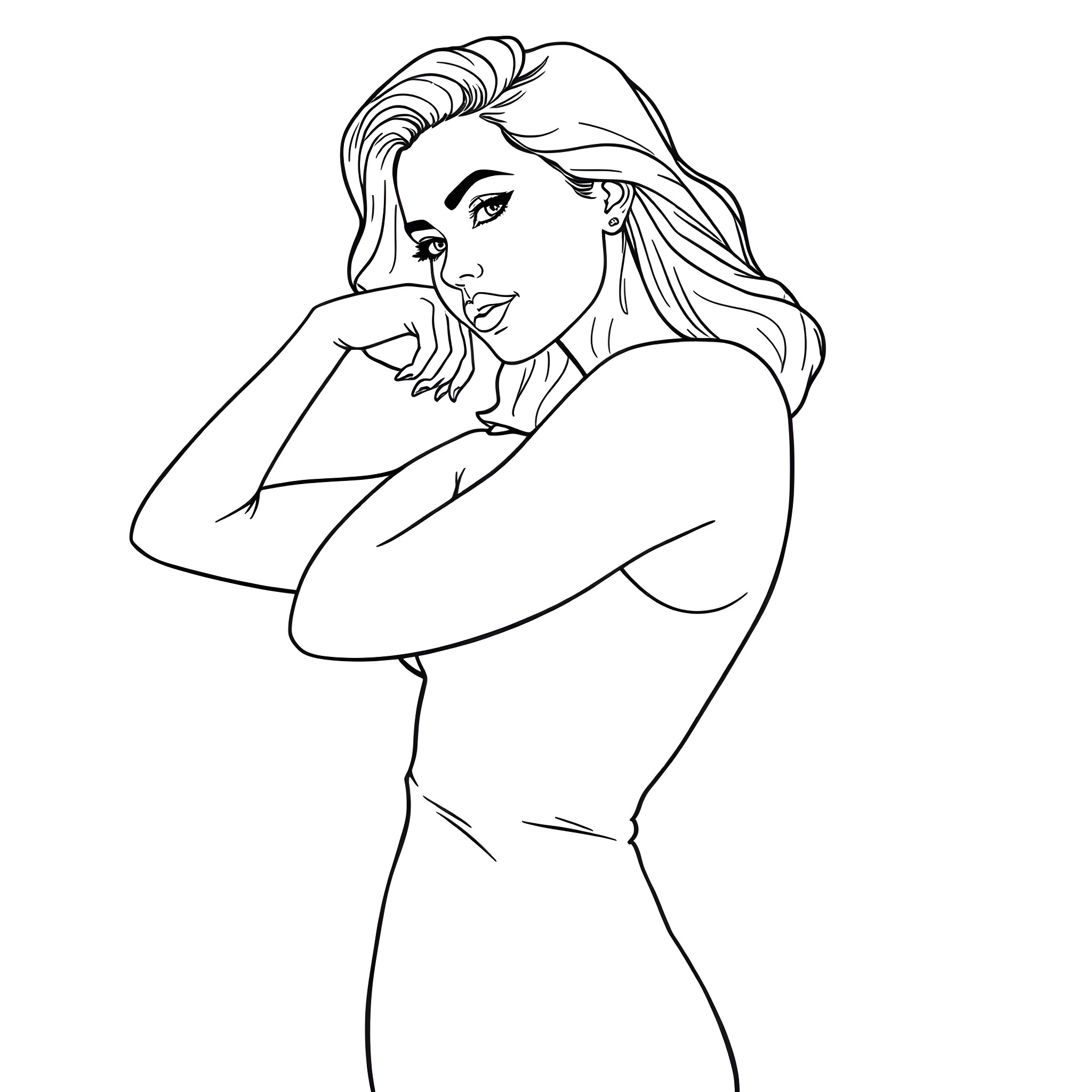 Woman posing pensively in contemplative pose Coloring Page (free black-and-white line drawing printable PDF for all, from beginners to advanced learners, including children, teens, adults, and seniors)