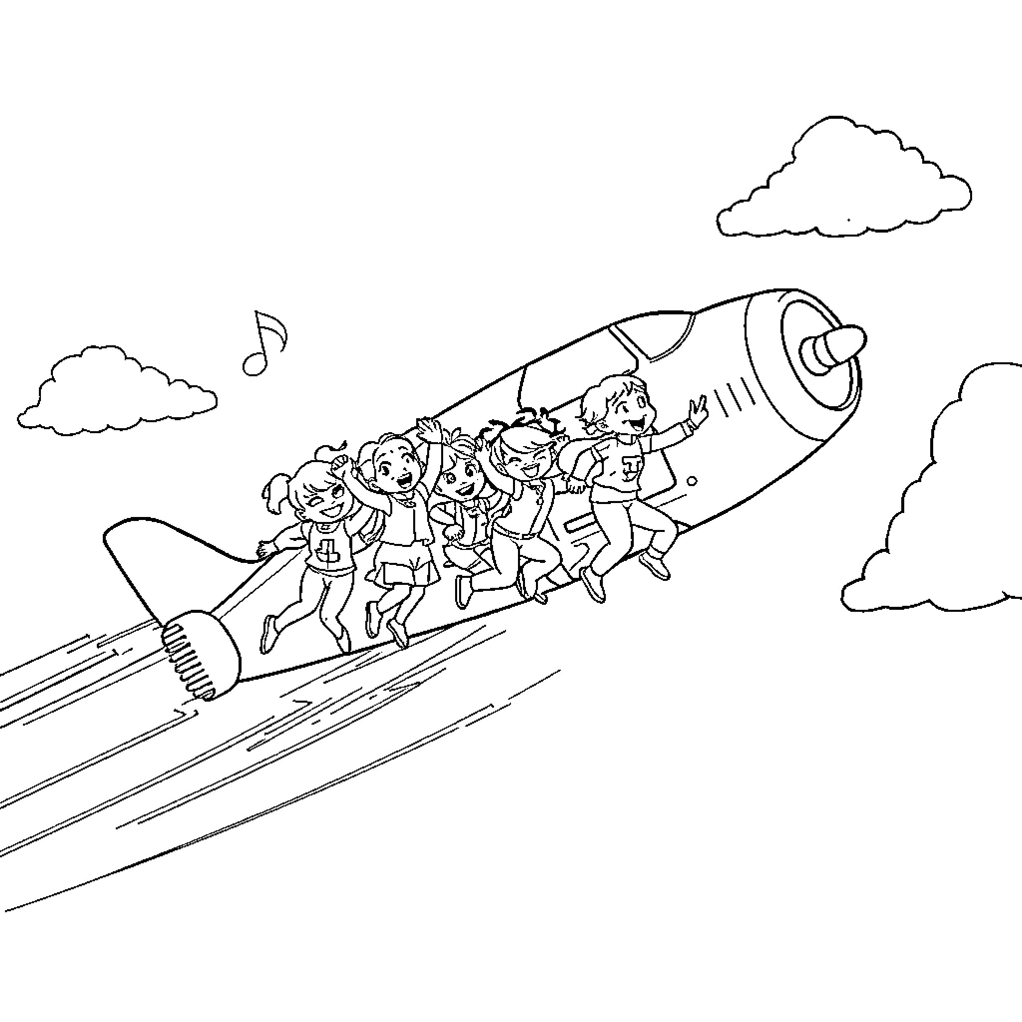 Character Riding Rocket Ship with Friends Coloring Page (free black-and-white line drawing printable PDF for all, from beginners to advanced learners, including children, teens, adults, and seniors)