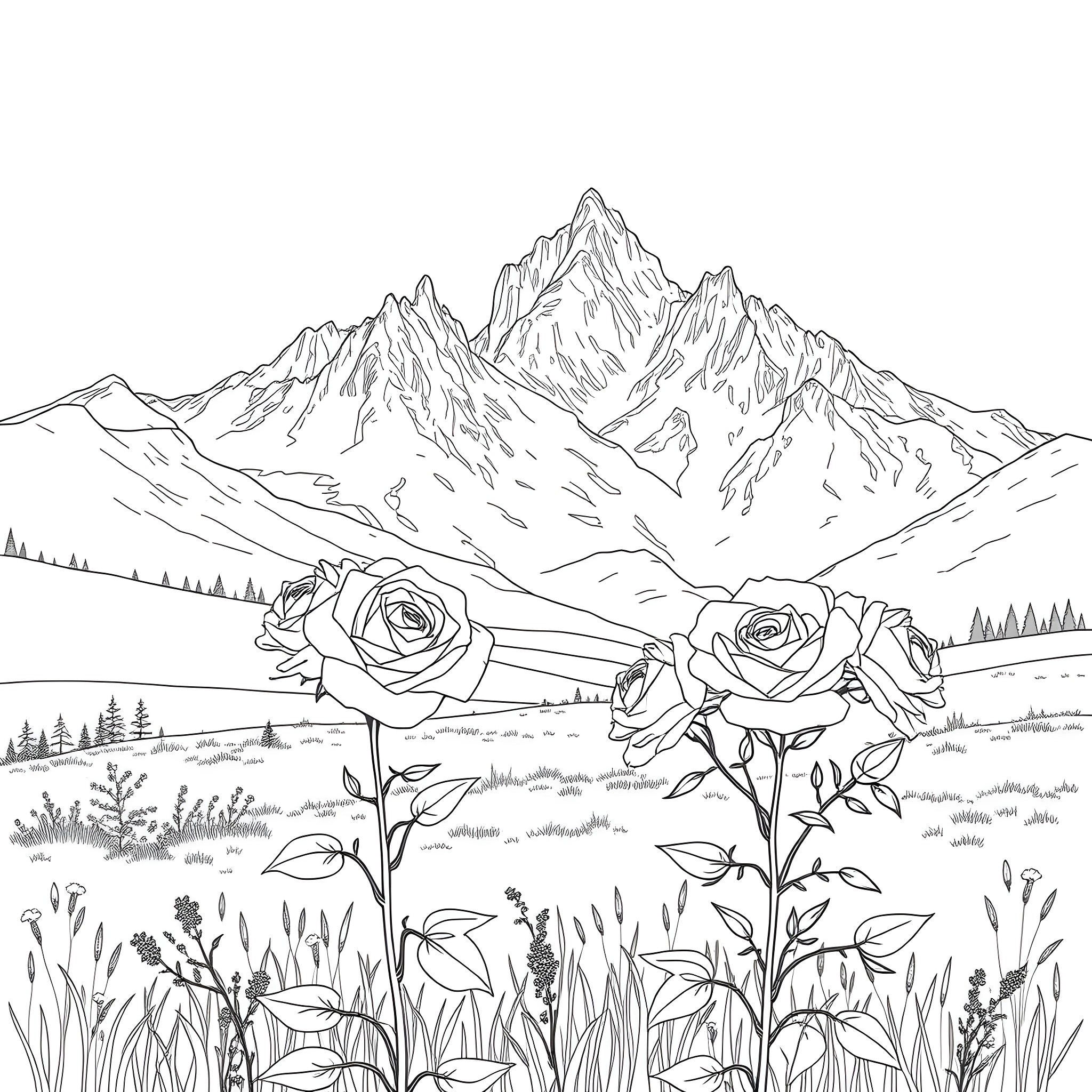 Rose Blooms in Majestic Mountain Landscape Coloring Page (free black-and-white line drawing printable PDF for all, from beginners to advanced learners, including children, teens, adults, and seniors)