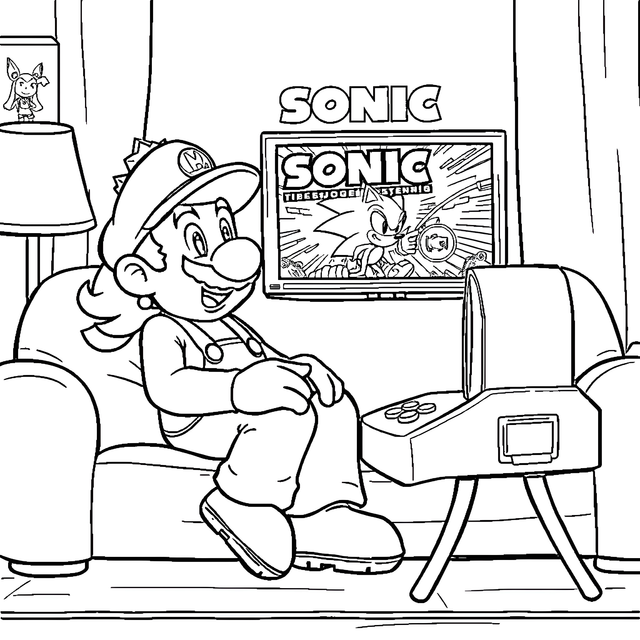 Super Mario playing Sonic video game enthusiastically Coloring Page (free black-and-white line drawing printable PDF for all, from beginners to advanced learners, including children, teens, adults, and seniors)
