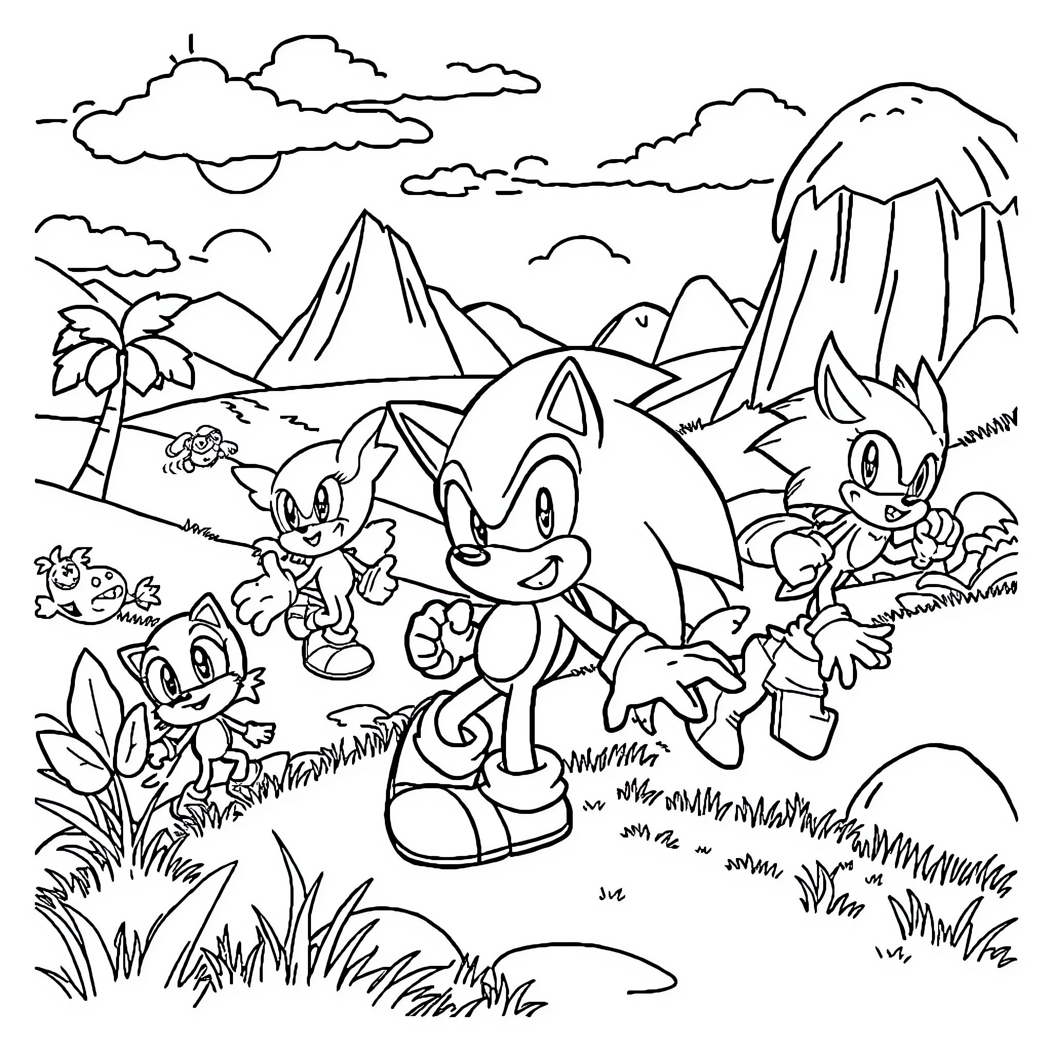 Sonic and friends explore the lush nature Coloring Page (free black-and-white line drawing printable PDF for all, from beginners to advanced learners, including children, teens, adults, and seniors)