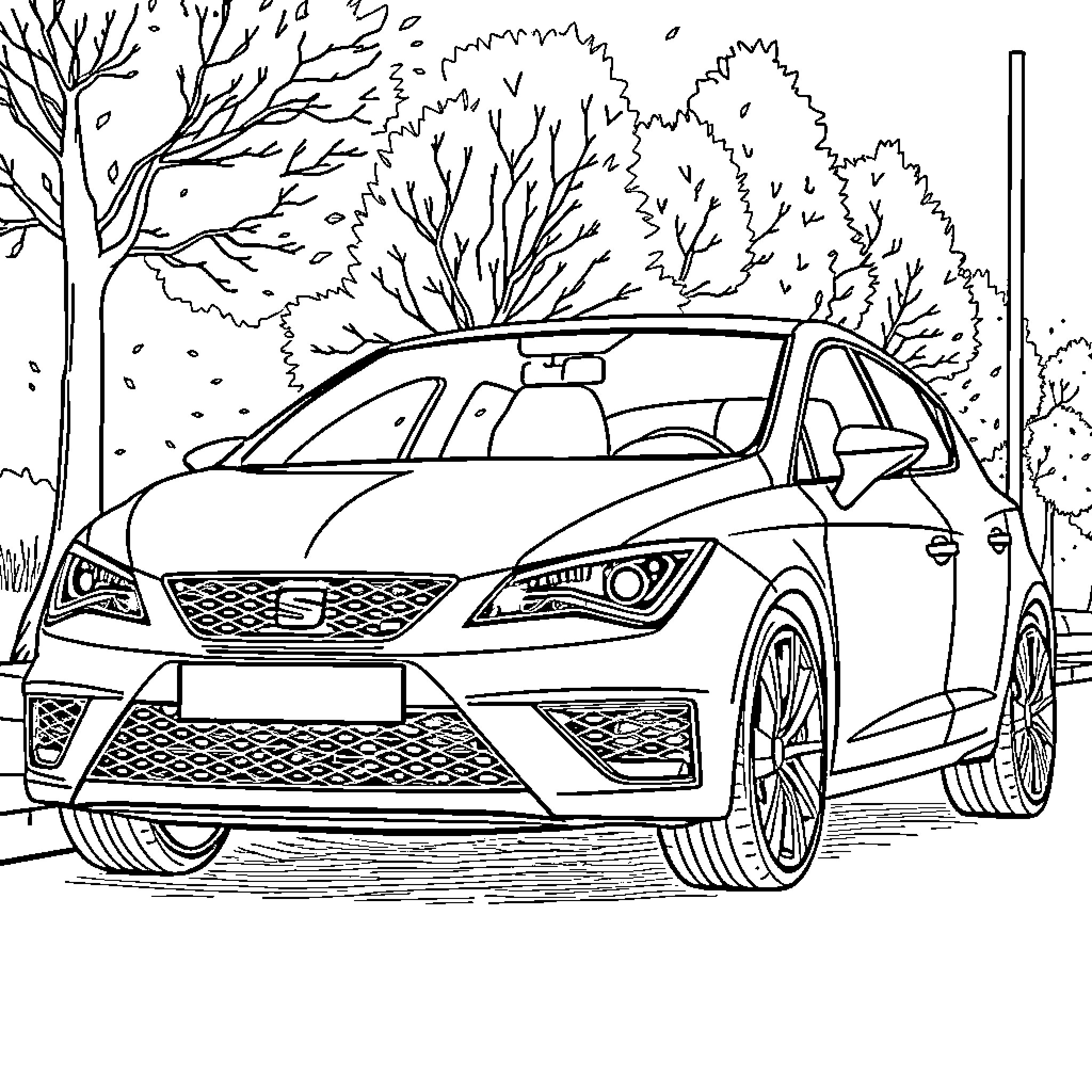 Seat Leon parked in nature Coloring Page (free black-and-white line drawing printable PDF for all, from beginners to advanced learners, including children, teens, adults, and seniors)