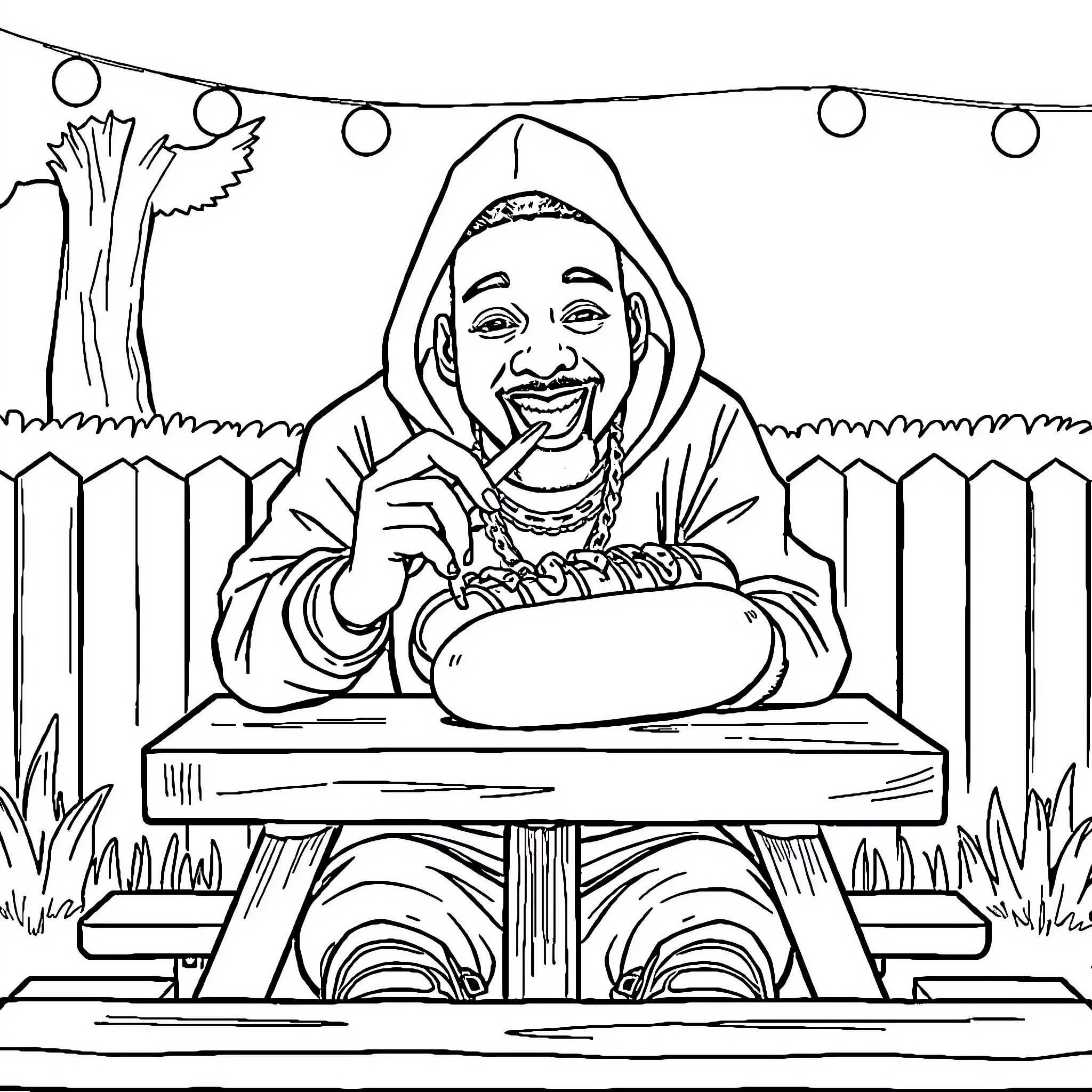 Travis Scott enjoying a tasty meal outdoors Coloring Page (free black-and-white line drawing printable PDF for all, from beginners to advanced learners, including children, teens, adults, and seniors)