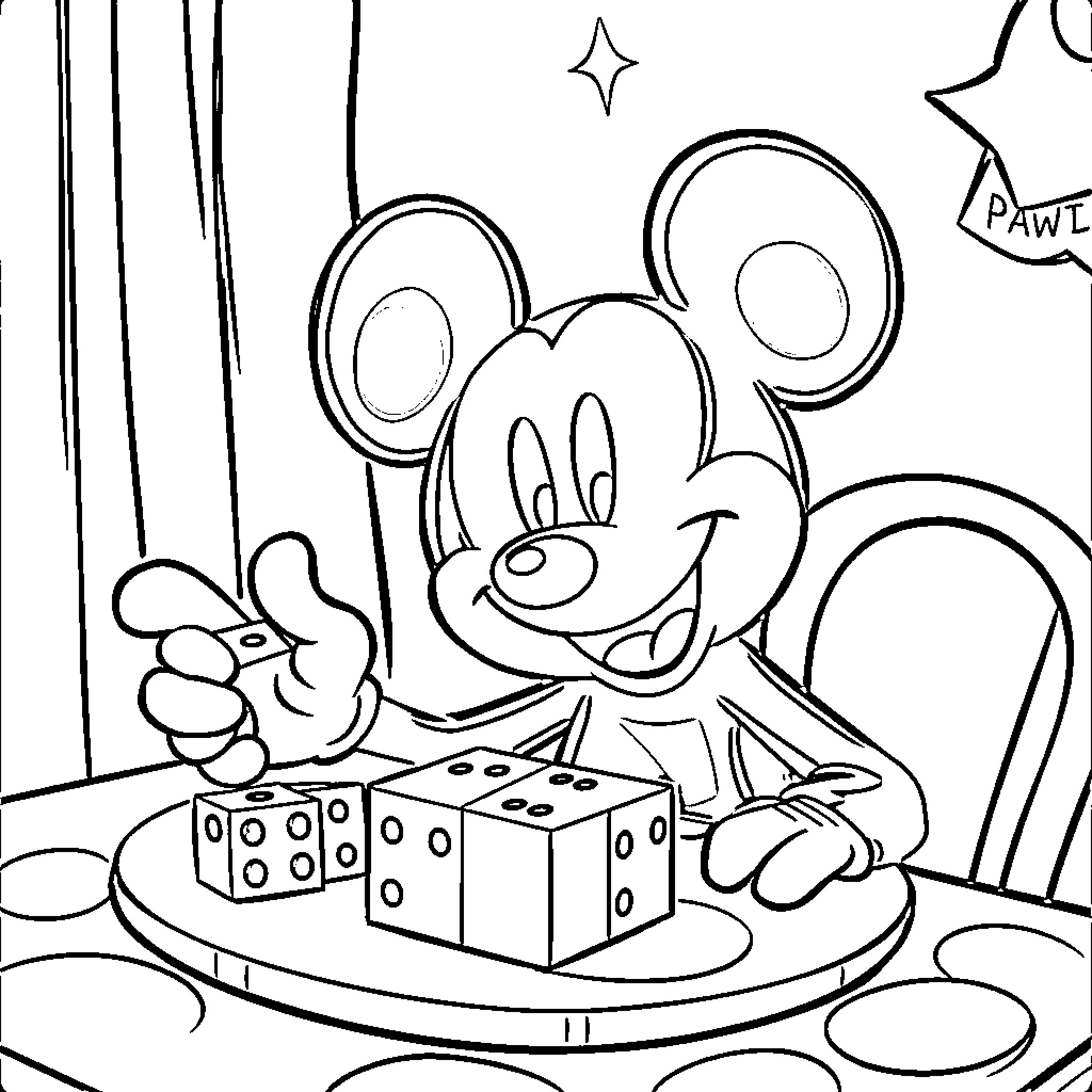 Mickey Mouse playing with dice on the table Coloring Page (free black-and-white line drawing printable PDF for all, from beginners to advanced learners, including children, teens, adults, and seniors)