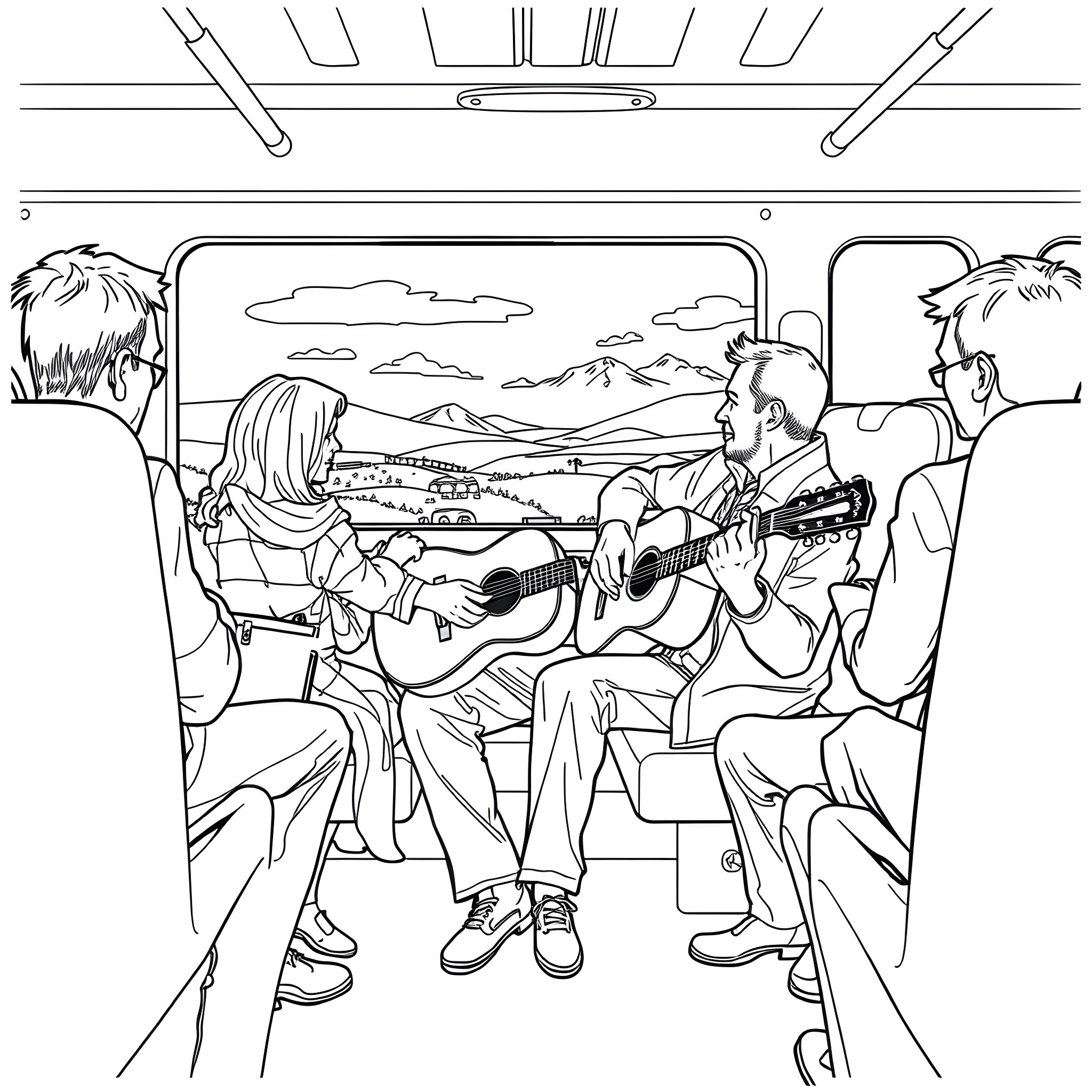 Kenneth Taylor's Musical Journey on the Bus Coloring Page (free black-and-white line drawing printable PDF for all, from beginners to advanced learners, including children, teens, adults, and seniors)