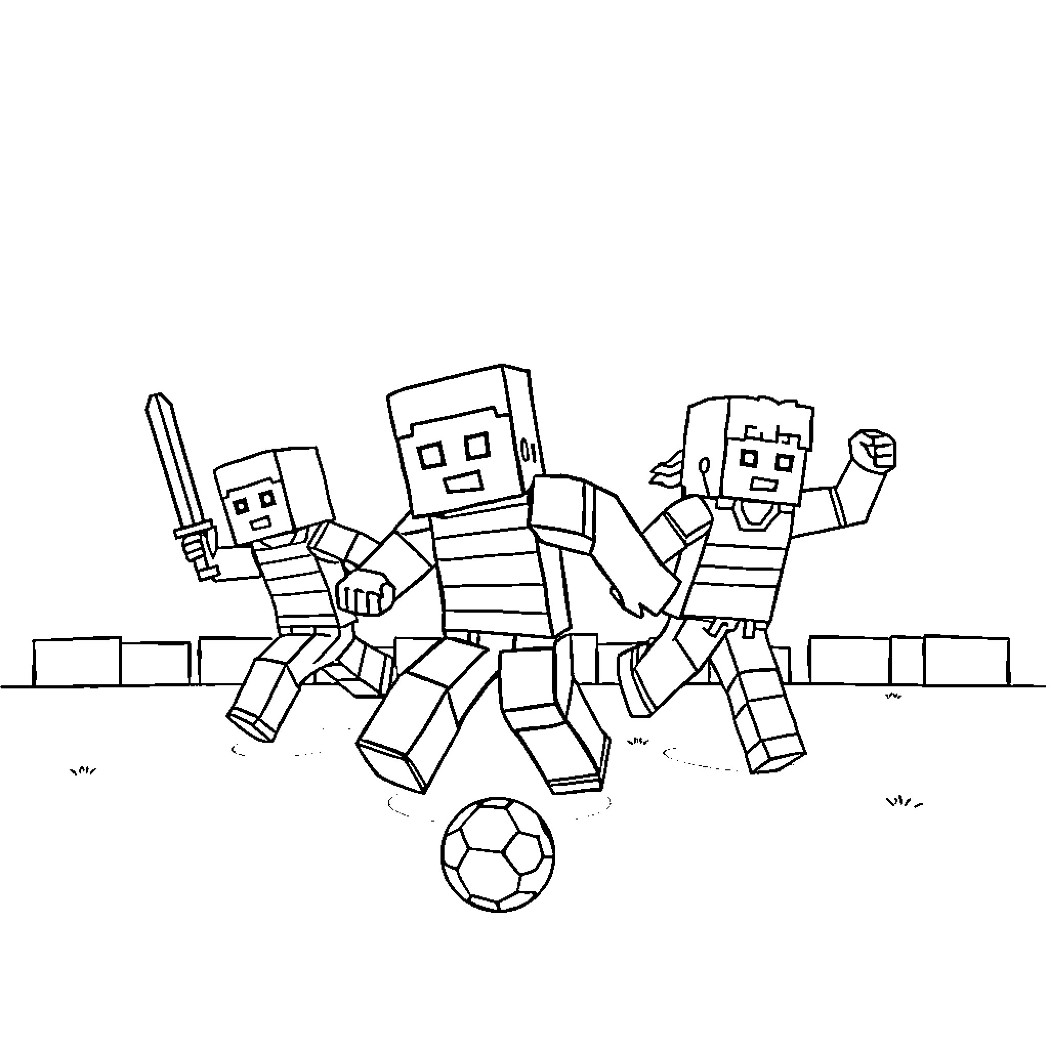 Minecraft Characters Playing Soccer Coloring Page (free black-and-white line drawing printable PDF for all, from beginners to advanced learners, including children, teens, adults, and seniors)