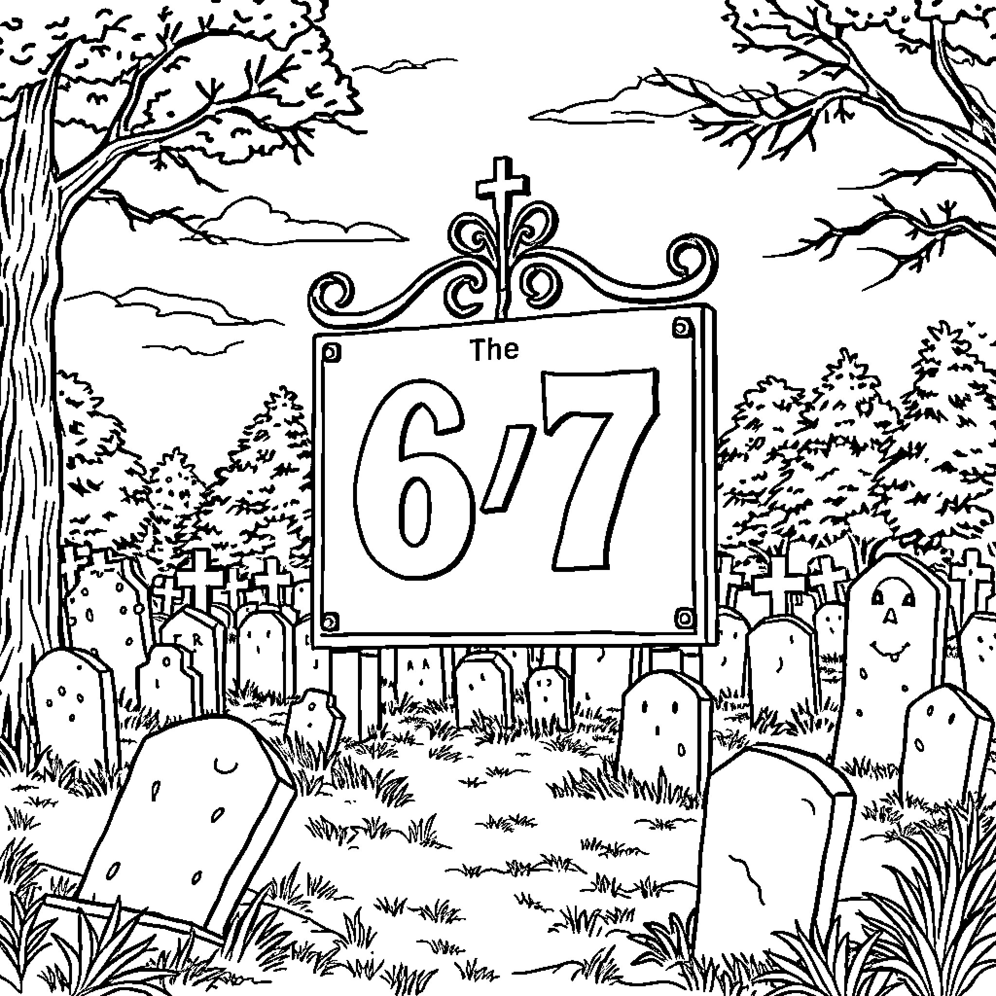 Meme of a Graveyard Scene with a '67' Tombstone Coloring Page (free black-and-white line drawing printable PDF for all, from beginners to advanced learners, including children, teens, adults, and seniors)