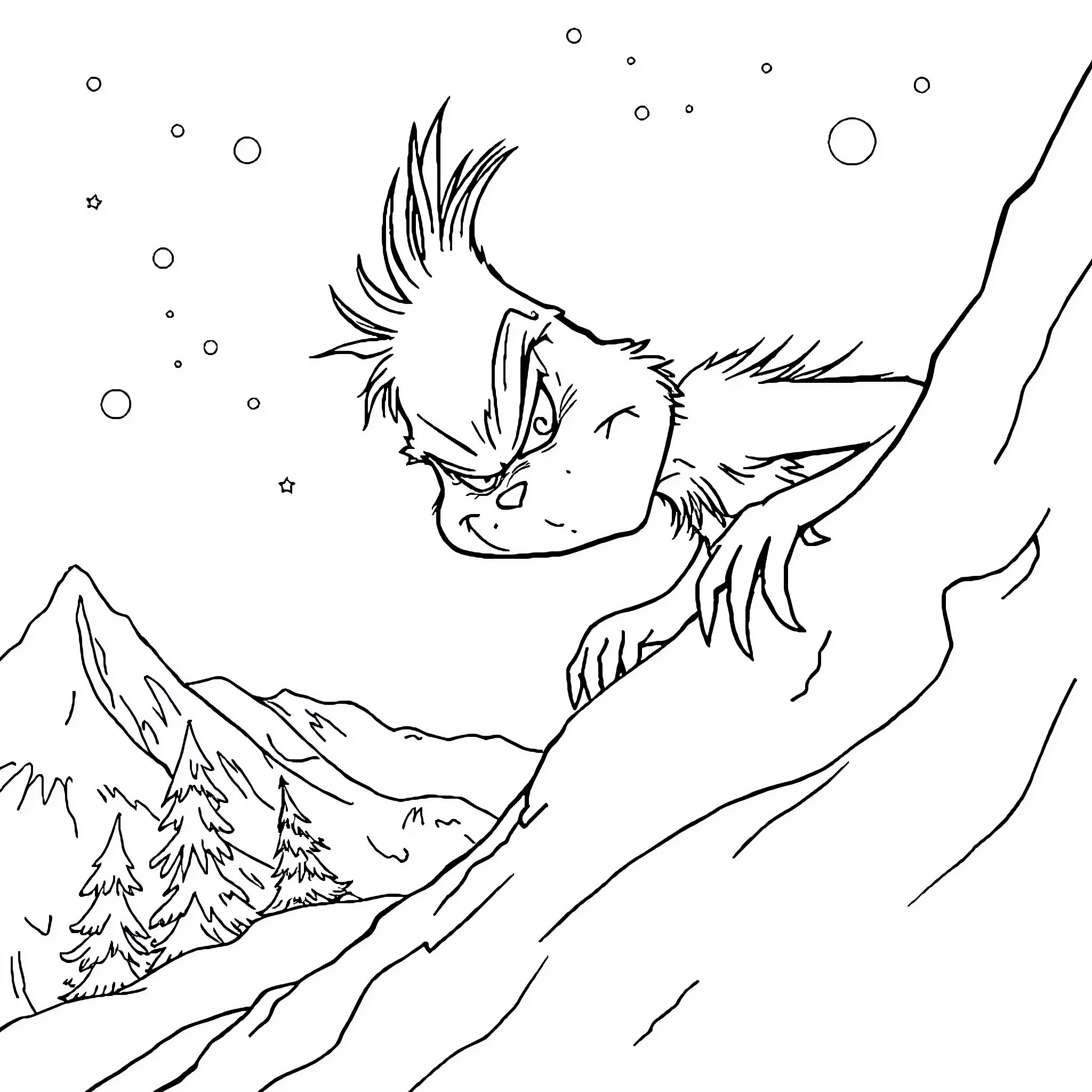 Grinch skiing down a snowy mountain Coloring Page (free black-and-white line drawing printable PDF for all, from beginners to advanced learners, including children, teens, adults, and seniors)