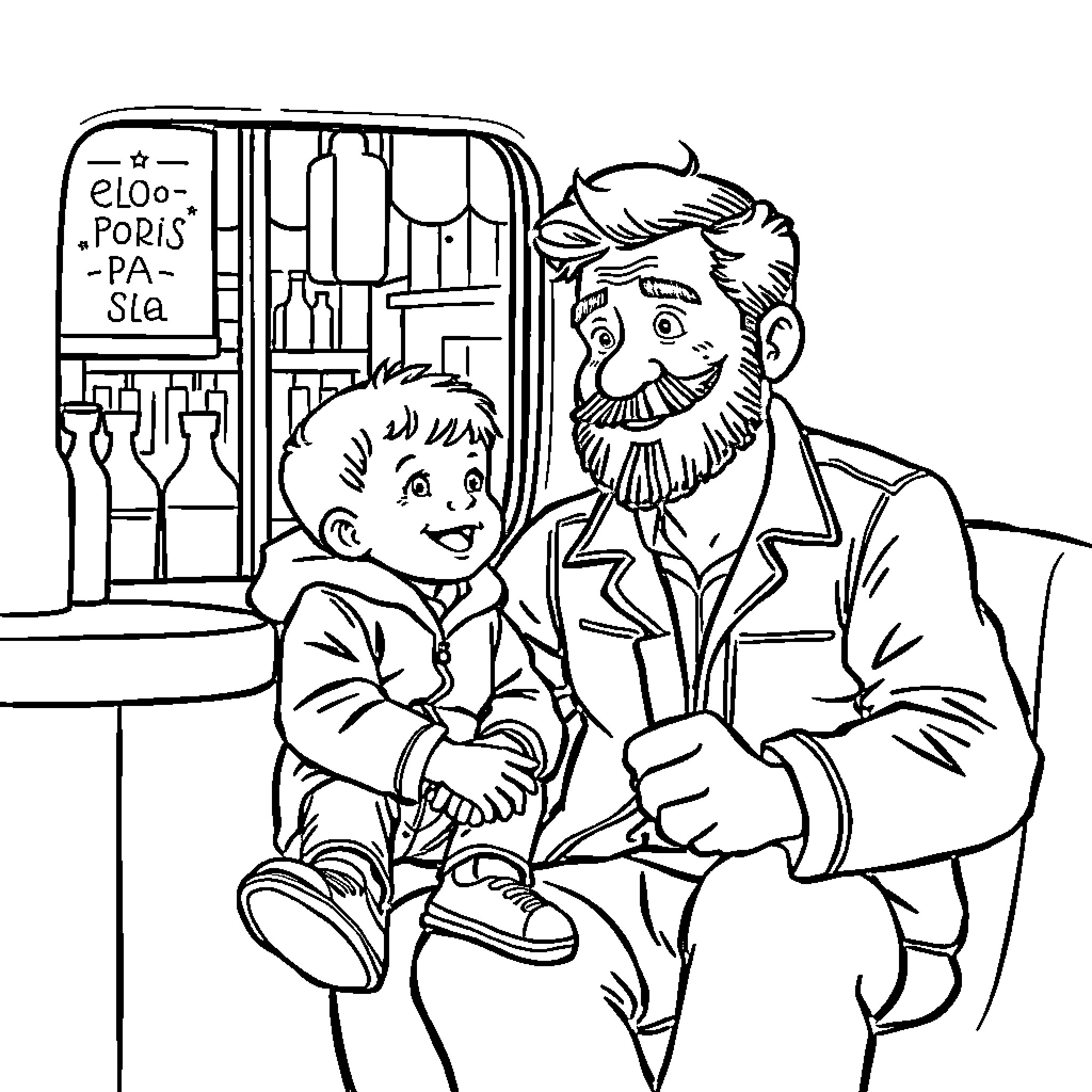 Niño and man having friendly conversation at an eatery Coloring Page (free black-and-white line drawing printable PDF for all, from beginners to advanced learners, including children, teens, adults, and seniors)