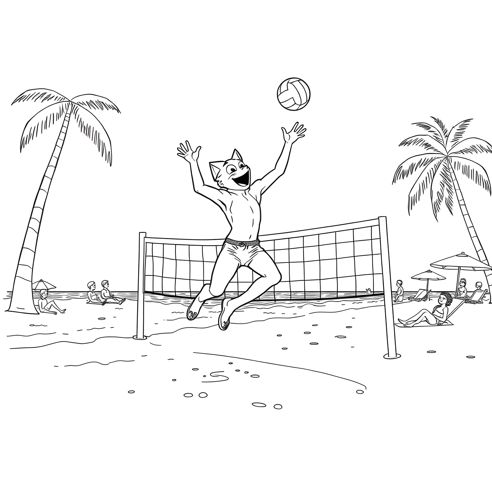 Protogen playing volleyball on the beach Coloring Page (free black-and-white line drawing printable PDF for all, from beginners to advanced learners, including children, teens, adults, and seniors)