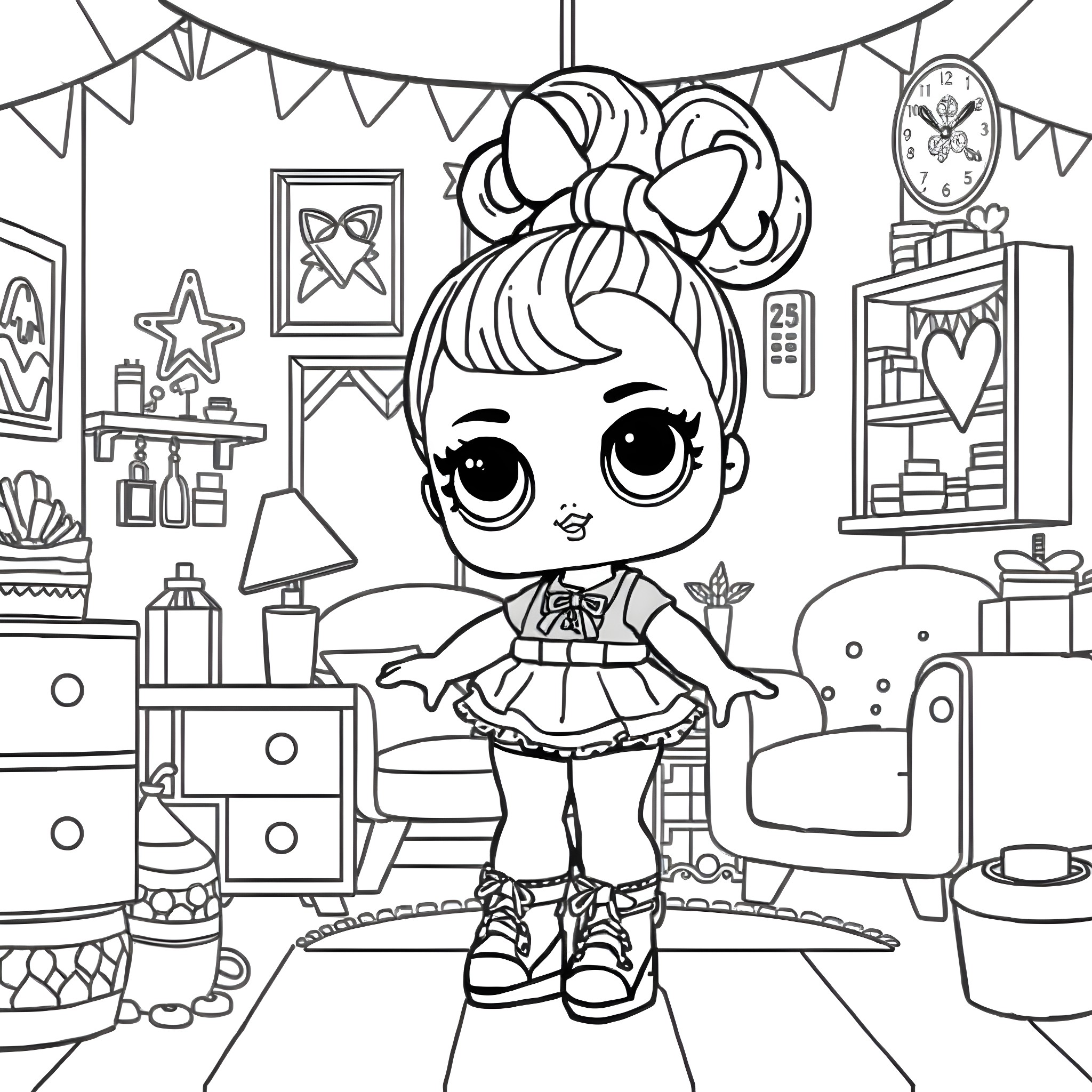 Lol Doll playing in a whimsical bedroom scene Coloring Page (free black-and-white line drawing printable PDF for all, from beginners to advanced learners, including children, teens, adults, and seniors)