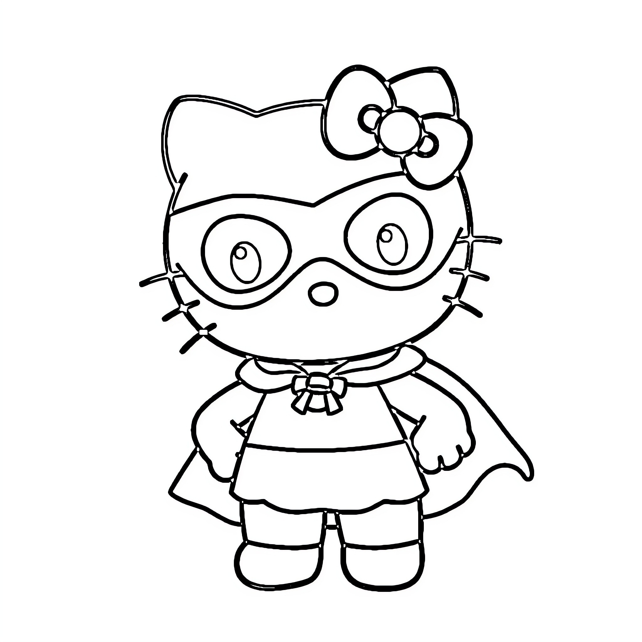 Hello Kitty as Superhero with Mask and Costume Coloring Page (free black-and-white line drawing printable PDF for all, from beginners to advanced learners, including children, teens, adults, and seniors)