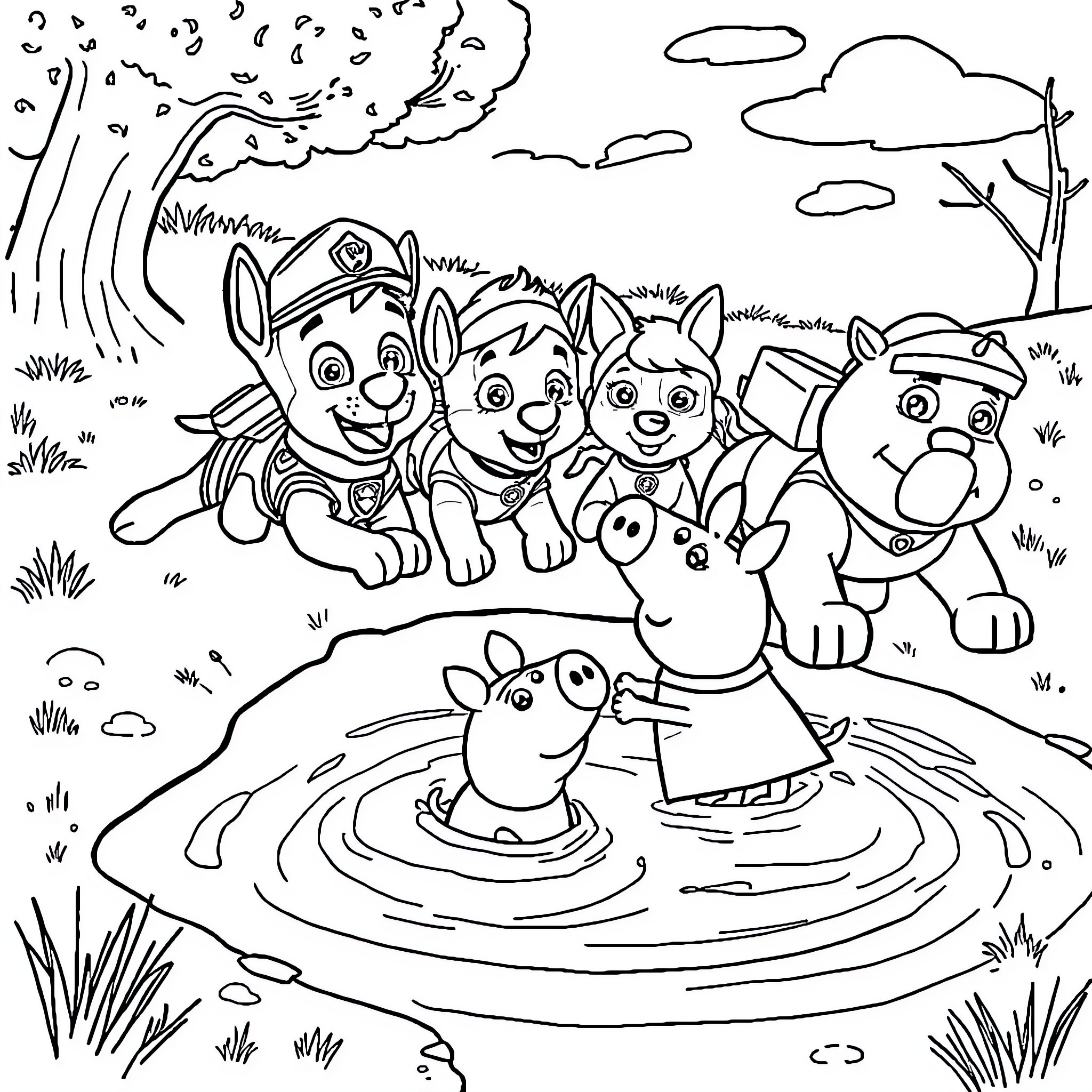 Paw Patrol helping in a rainy rescue adventure Coloring Page (free black-and-white line drawing printable PDF for all, from beginners to advanced learners, including children, teens, adults, and seniors)