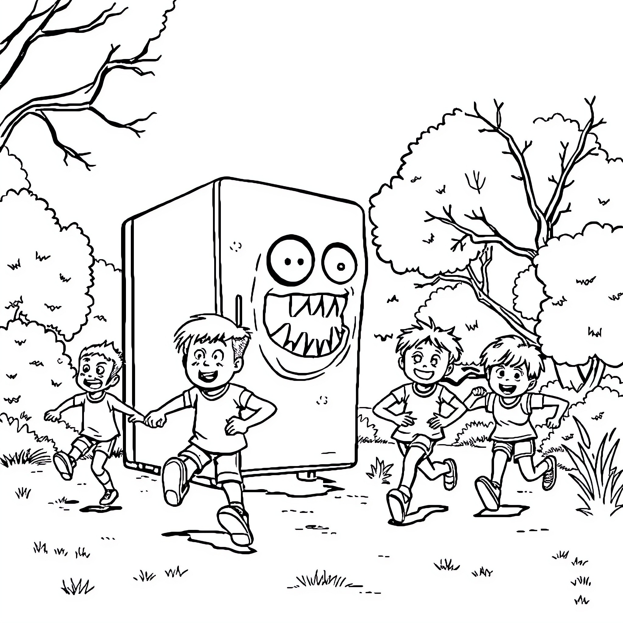 Refrigerator Monster Chases Frightened Children in Forest Coloring Page (free black-and-white line drawing printable PDF for all, from beginners to advanced learners, including children, teens, adults, and seniors)