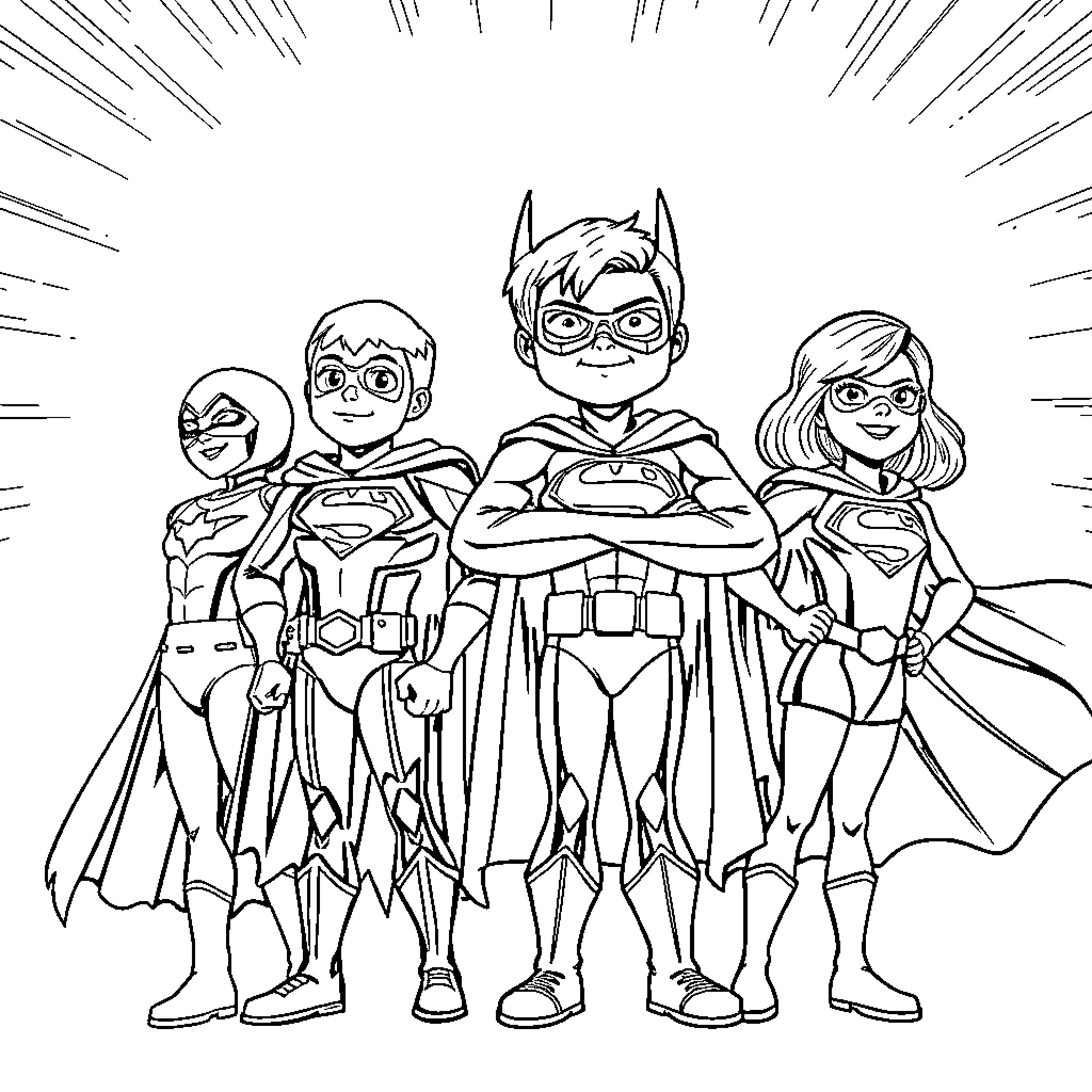 Justice League Heroes in Action Coloring Page (free black-and-white line drawing printable PDF for all, from beginners to advanced learners, including children, teens, adults, and seniors)